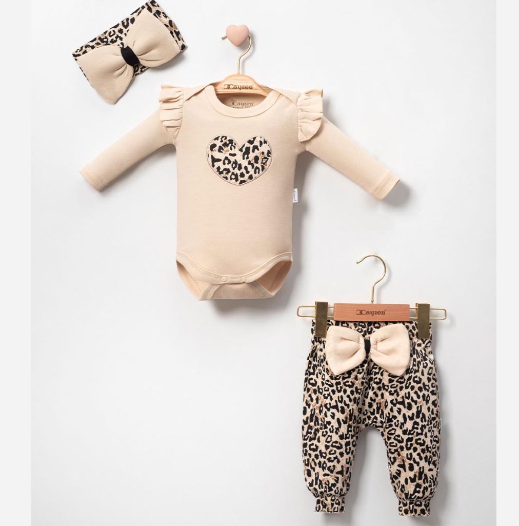 Kız Bebek Leoparlı Kalpli 3lü Takım - Bej