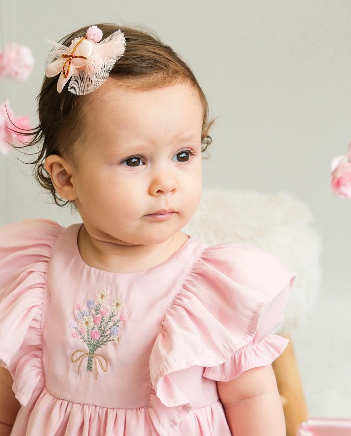 Kız Bebek Çiçek İşlemeli Pembe Elbise