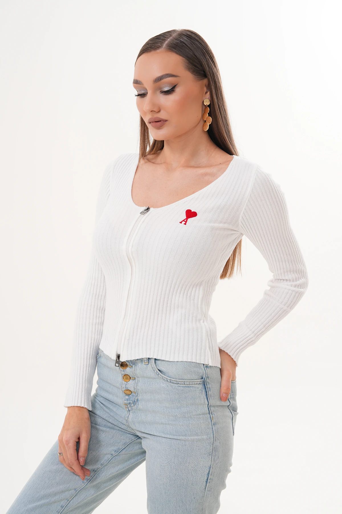 Bonita Beyaz Fermuarlı Kazak