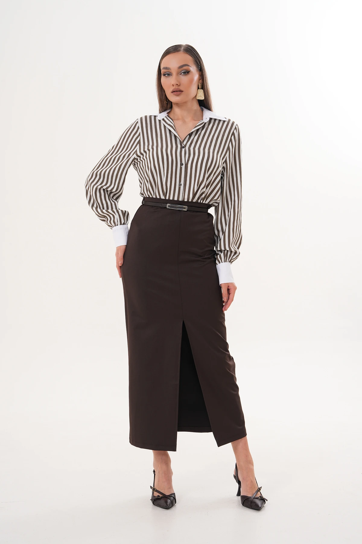 Claro Önü Yırtmaçlı Acı Kahve Etek