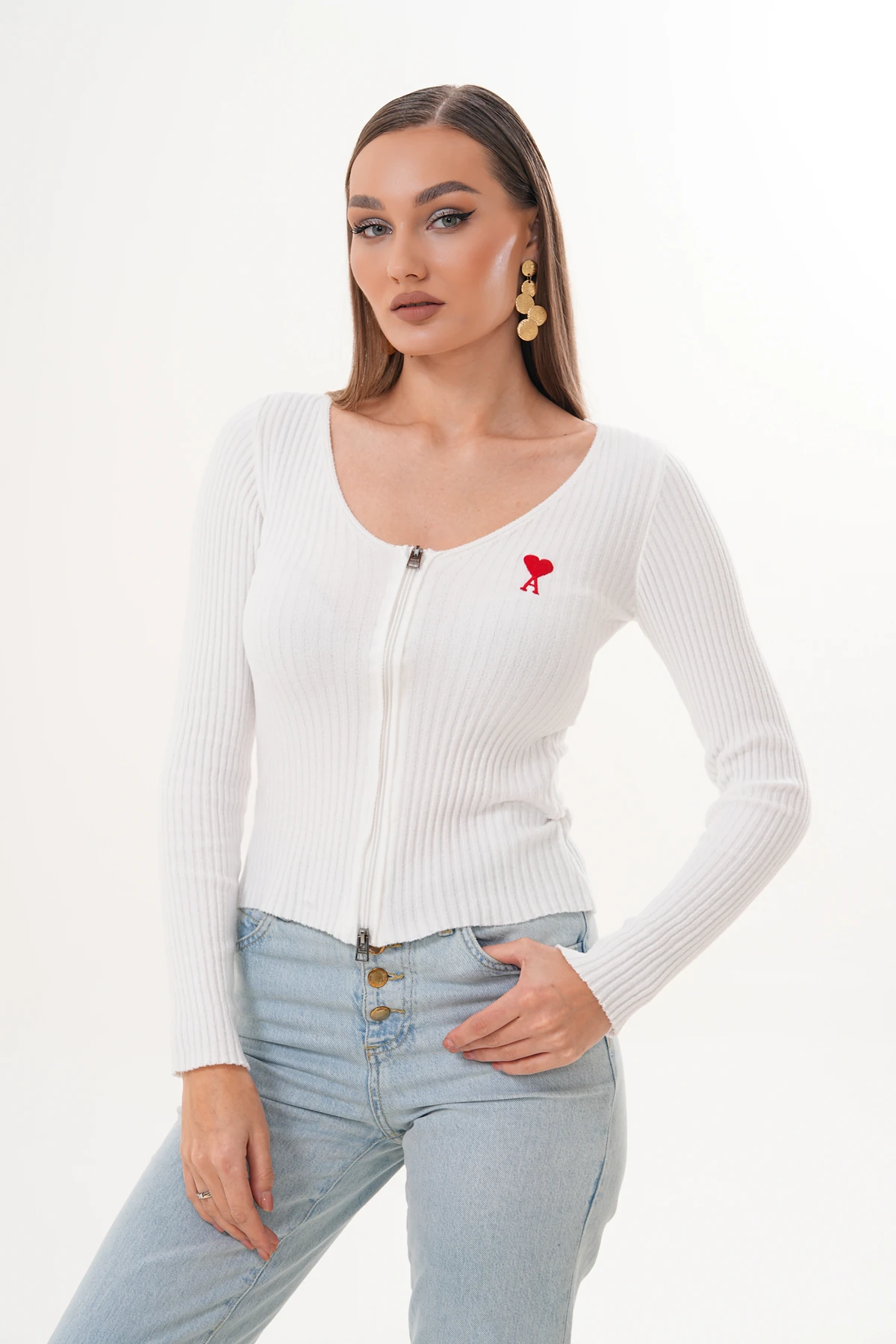 Bonita Beyaz Fermuarlı Kazak