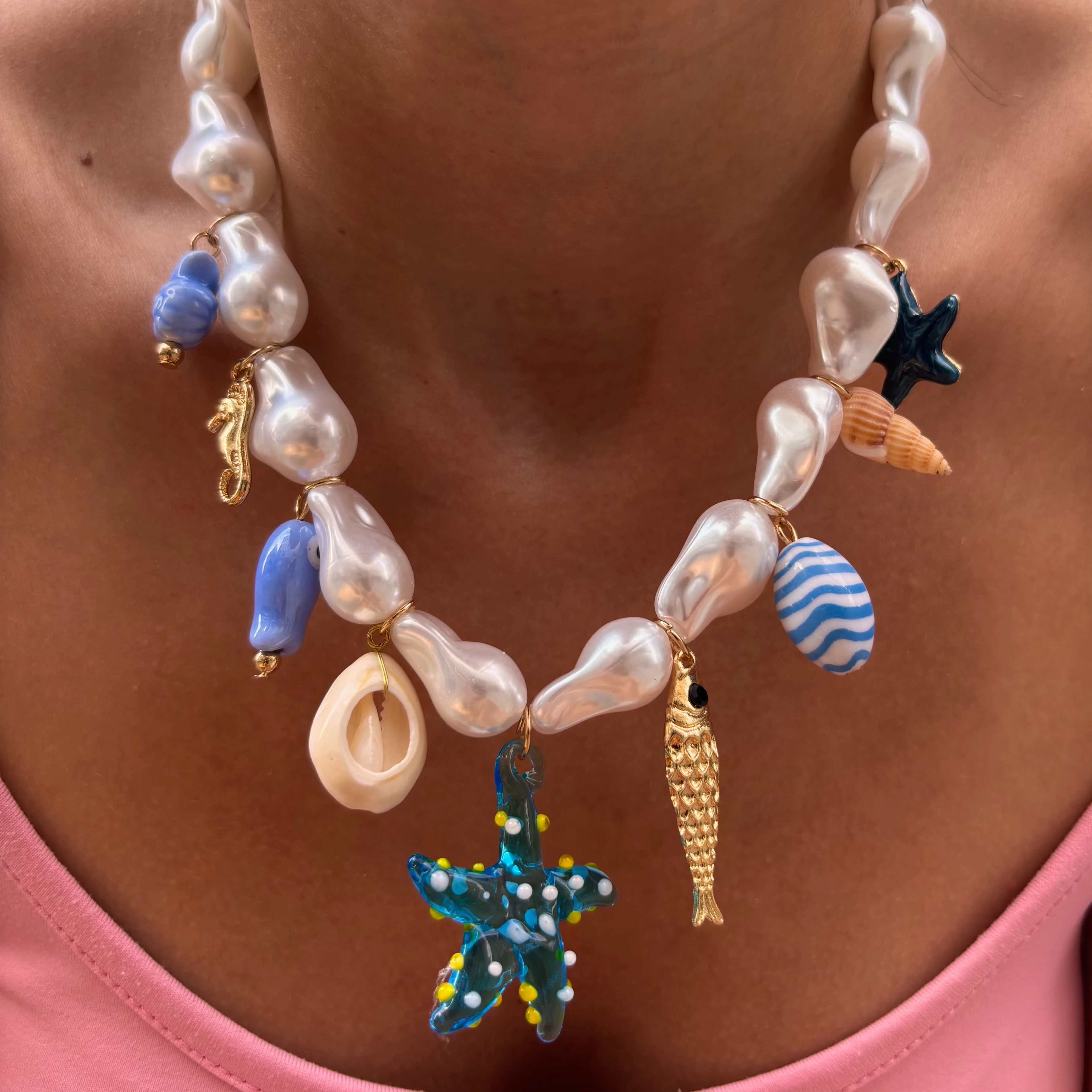 Orj marka deniz yıldızlı incili mavi kolye