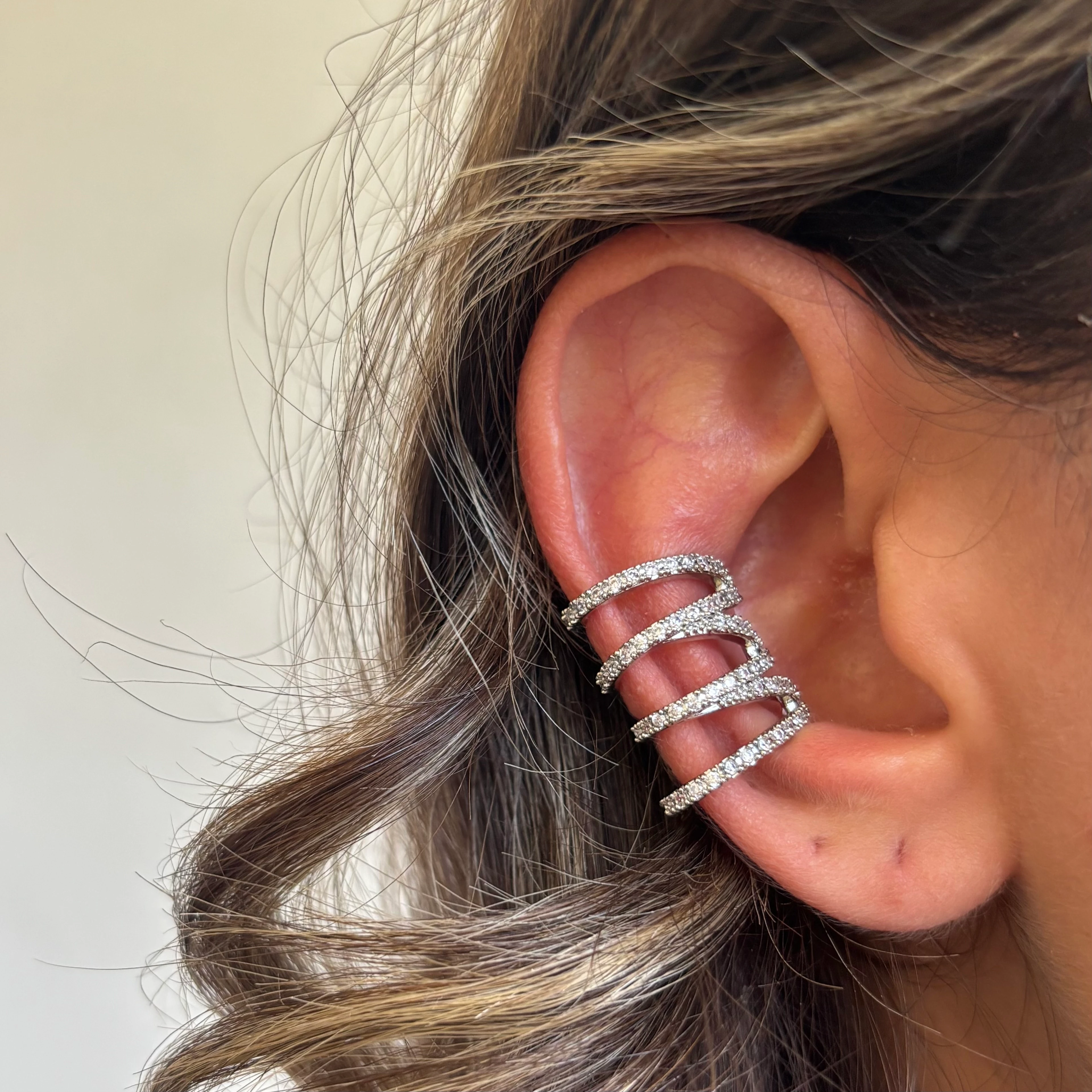 3 lü Görünümlü Taşlı Silver Earcuff 