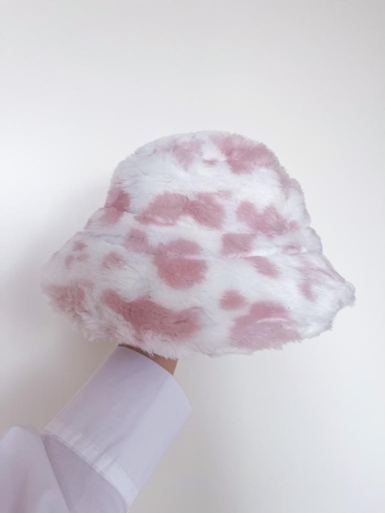 White Plush Hat with Pink Cow Pattern