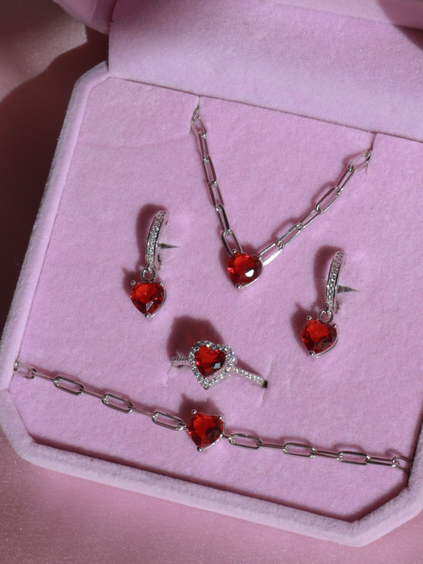 Sparkling Heart 925 Sterling Silver Necklace - Earring - Ring - Bracelet Set