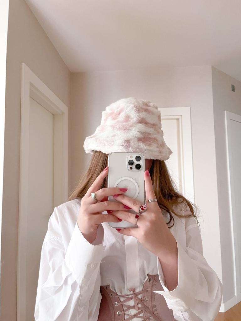 White Plush Hat with Pink Cow Pattern