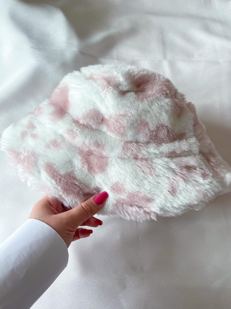 White Plush Hat with Pink Cow Pattern