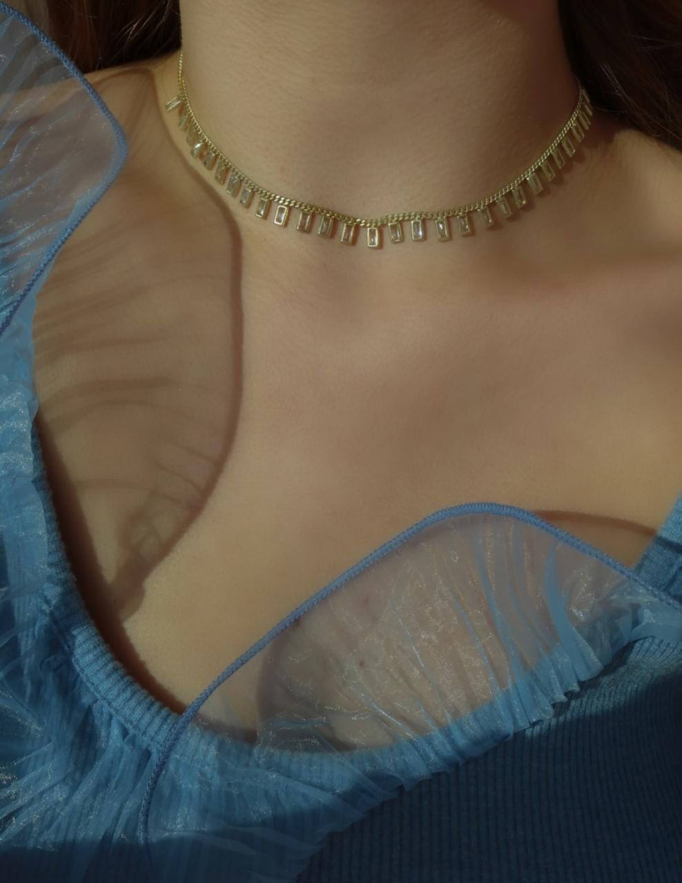 925 Silver Choker with Baguette Stone