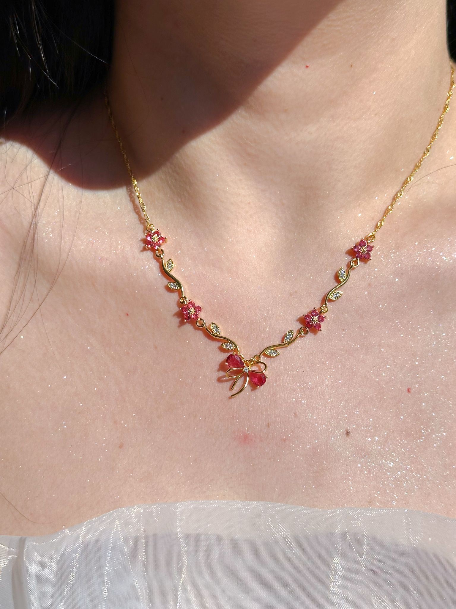 Dark Pink Ribbon Garden Necklace