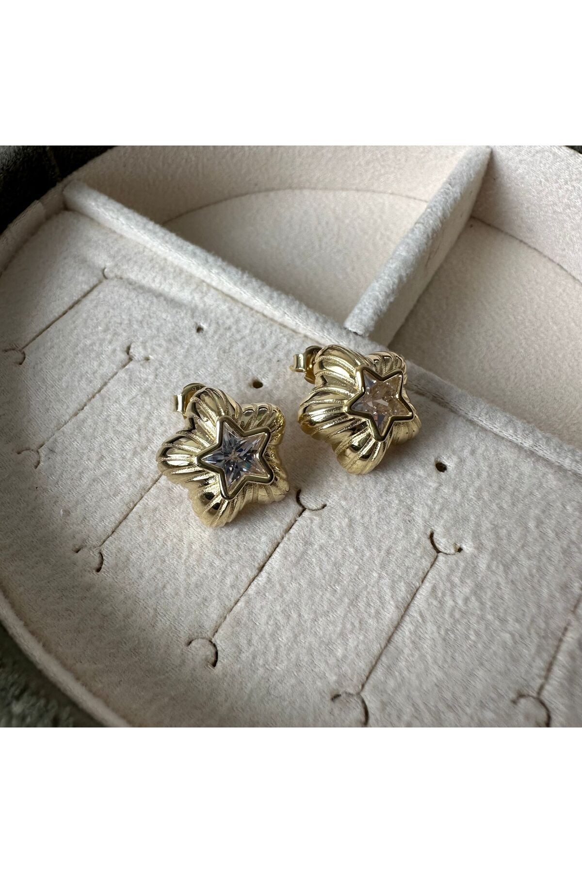 Zircon Stone Star Dome Gold Plated 925 Silver Earrings