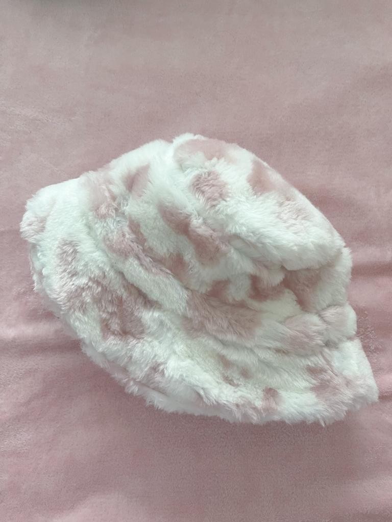 White Plush Hat with Pink Cow Pattern