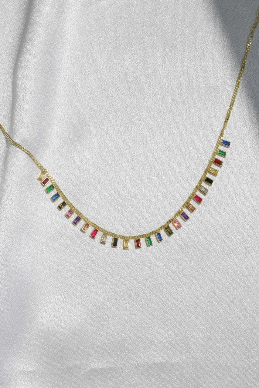 925 Silver Choker with Colorful Baguette Stone