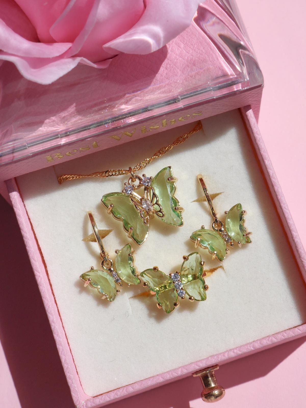 Green Light Butterfly Necklace- Earring- Ring Set