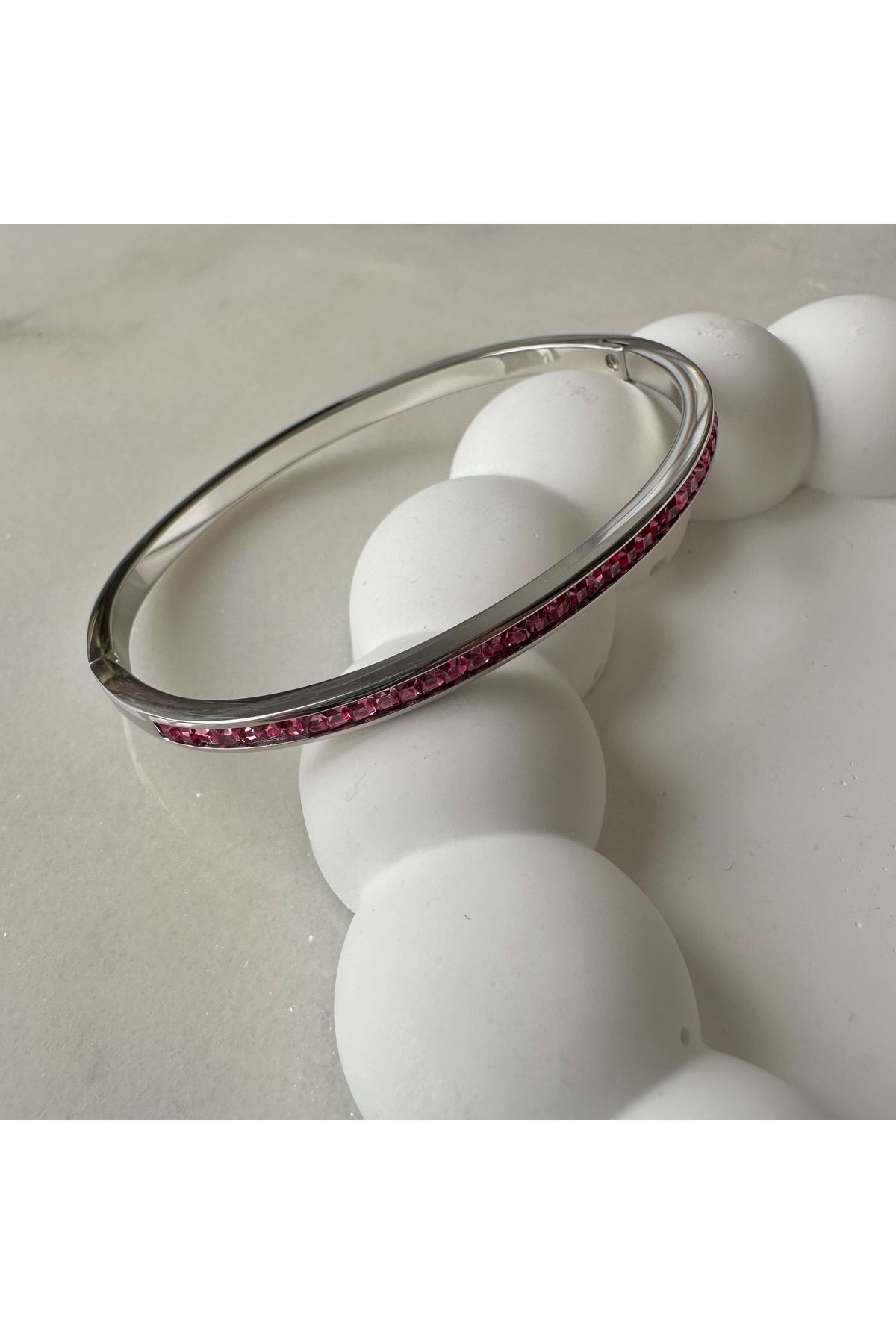 Pink Steel Handcuff Bracelet with Fine Zircon Stone -silver