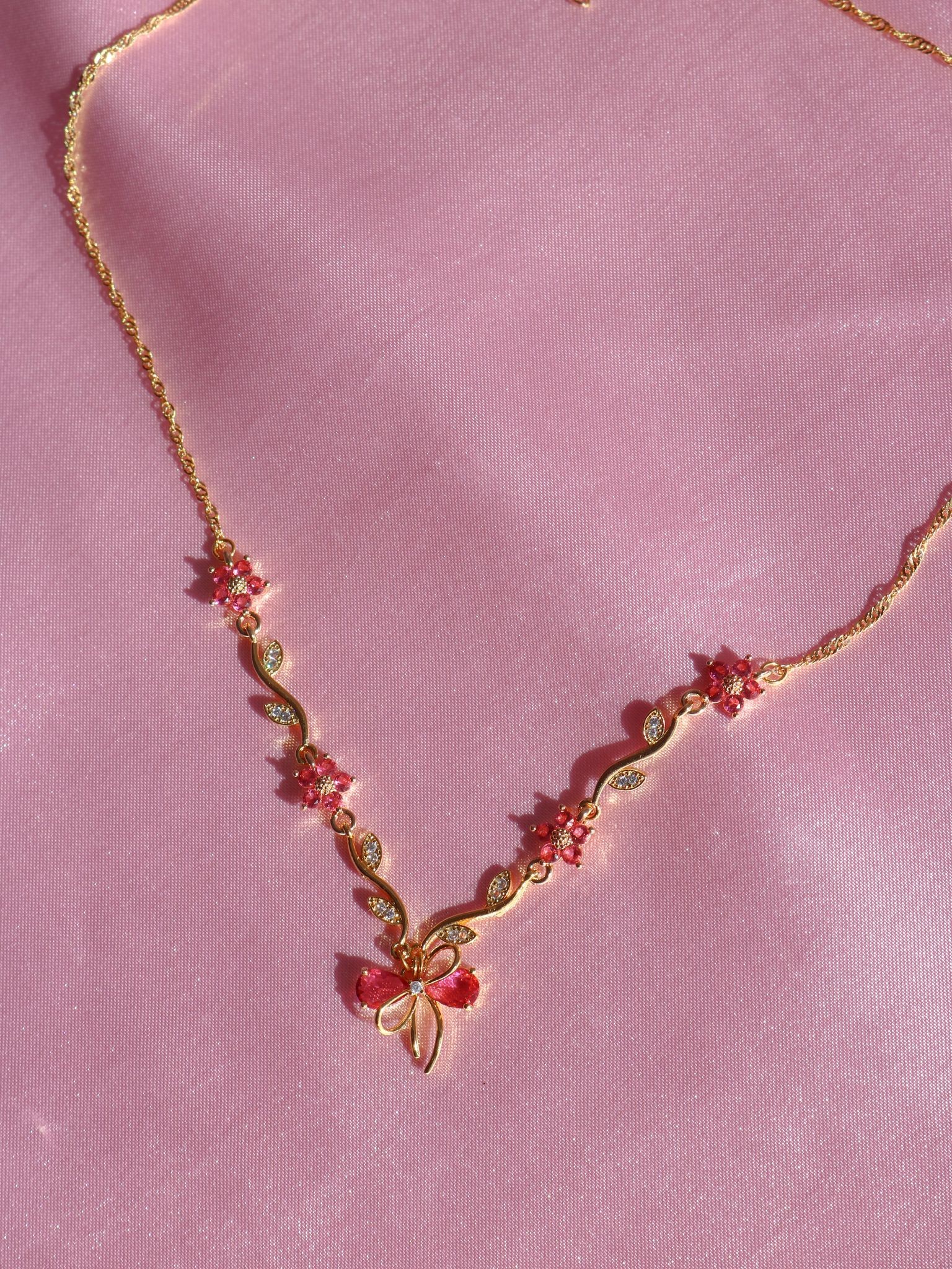 Dark Pink Ribbon Garden Necklace