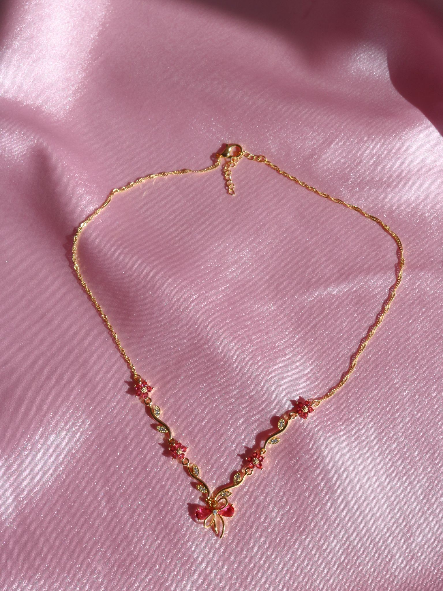 Dark Pink Ribbon Garden Necklace