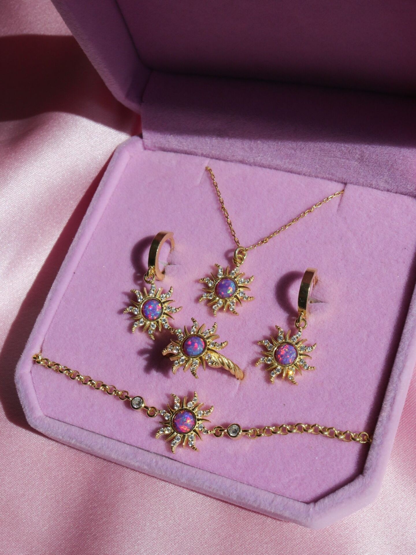 Rapunzel Sun Opal Necklace Earring Bracelet Ring Set 925 Silver