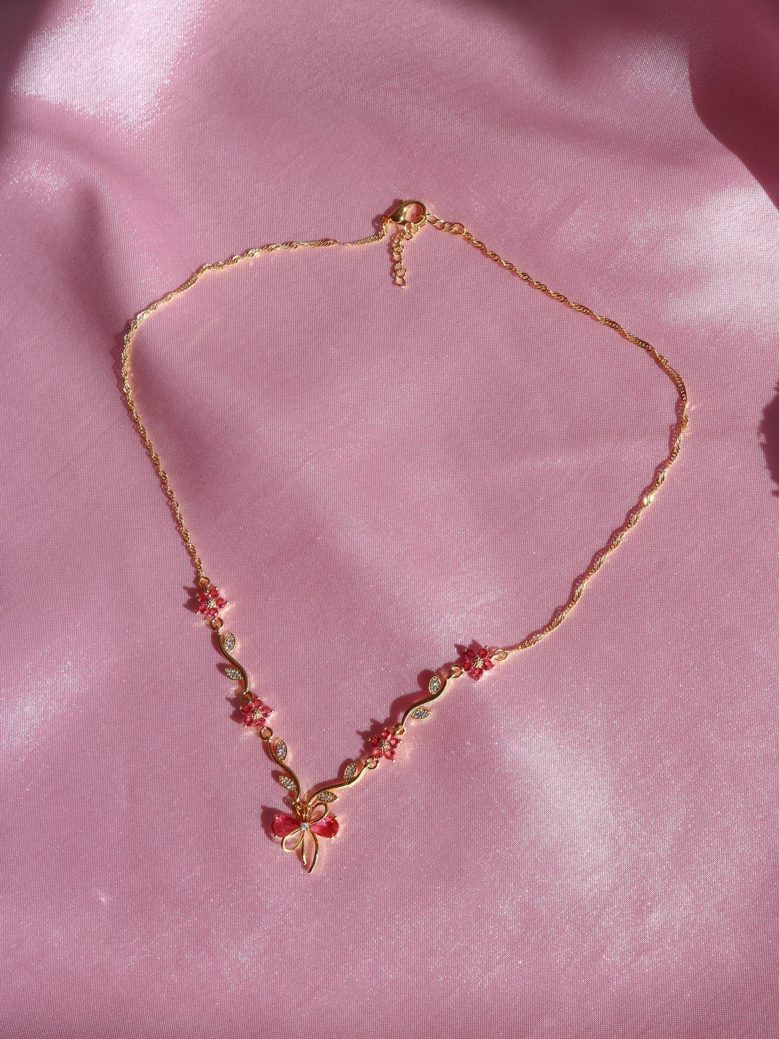 Dark Pink Ribbon Garden Necklace