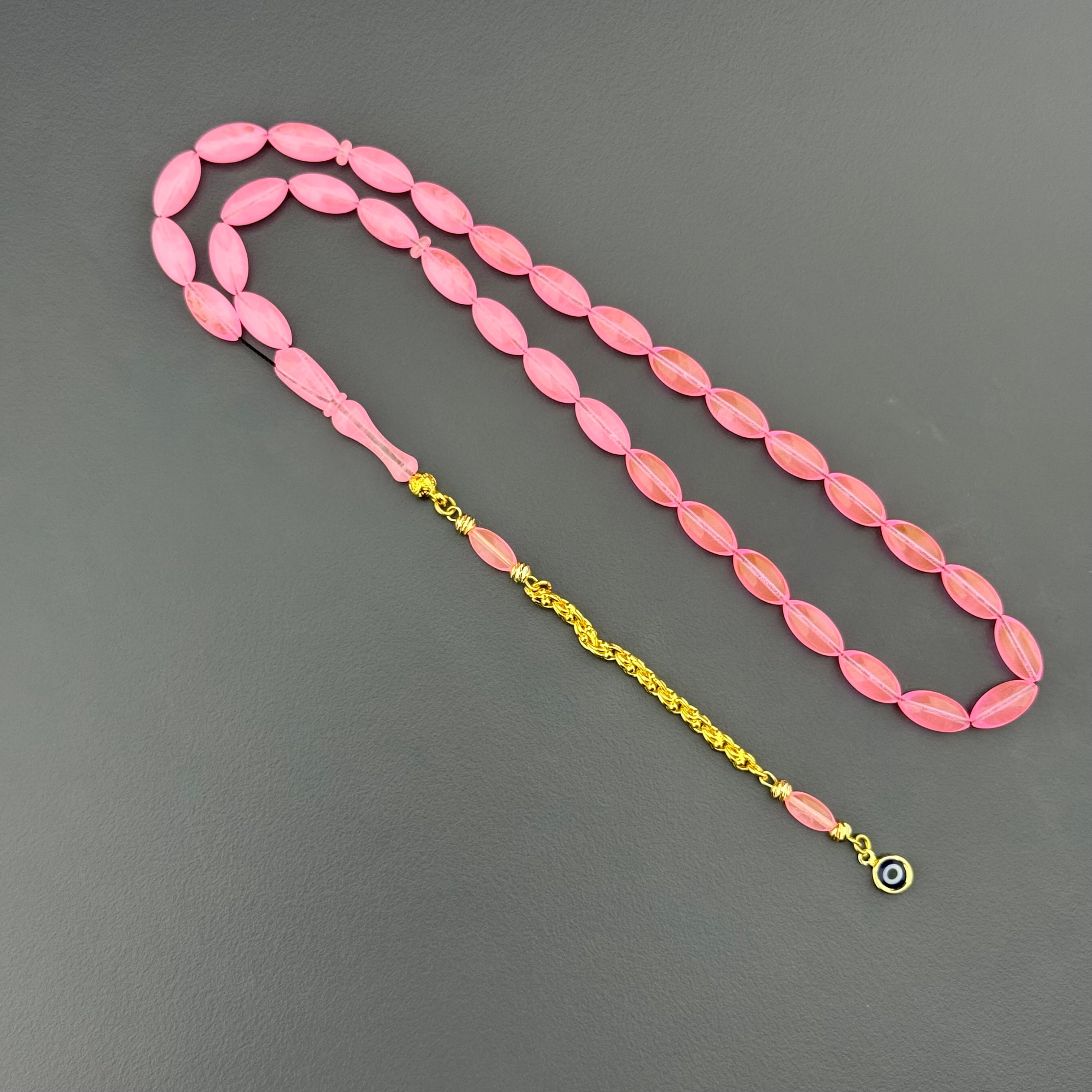 Arpa Kesim Pembe Renk Nazar Boncuğu Detaylı Gümüş Püsküllü Alman Bakalit Tespih
