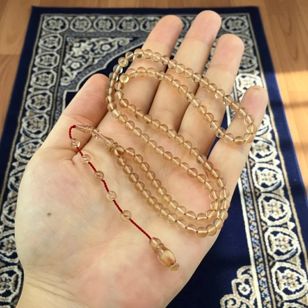 Özel Usta İşçilikli 99'luk Şeffaf Küre Kesim Sistemli Ateş Kehribar Tesbih