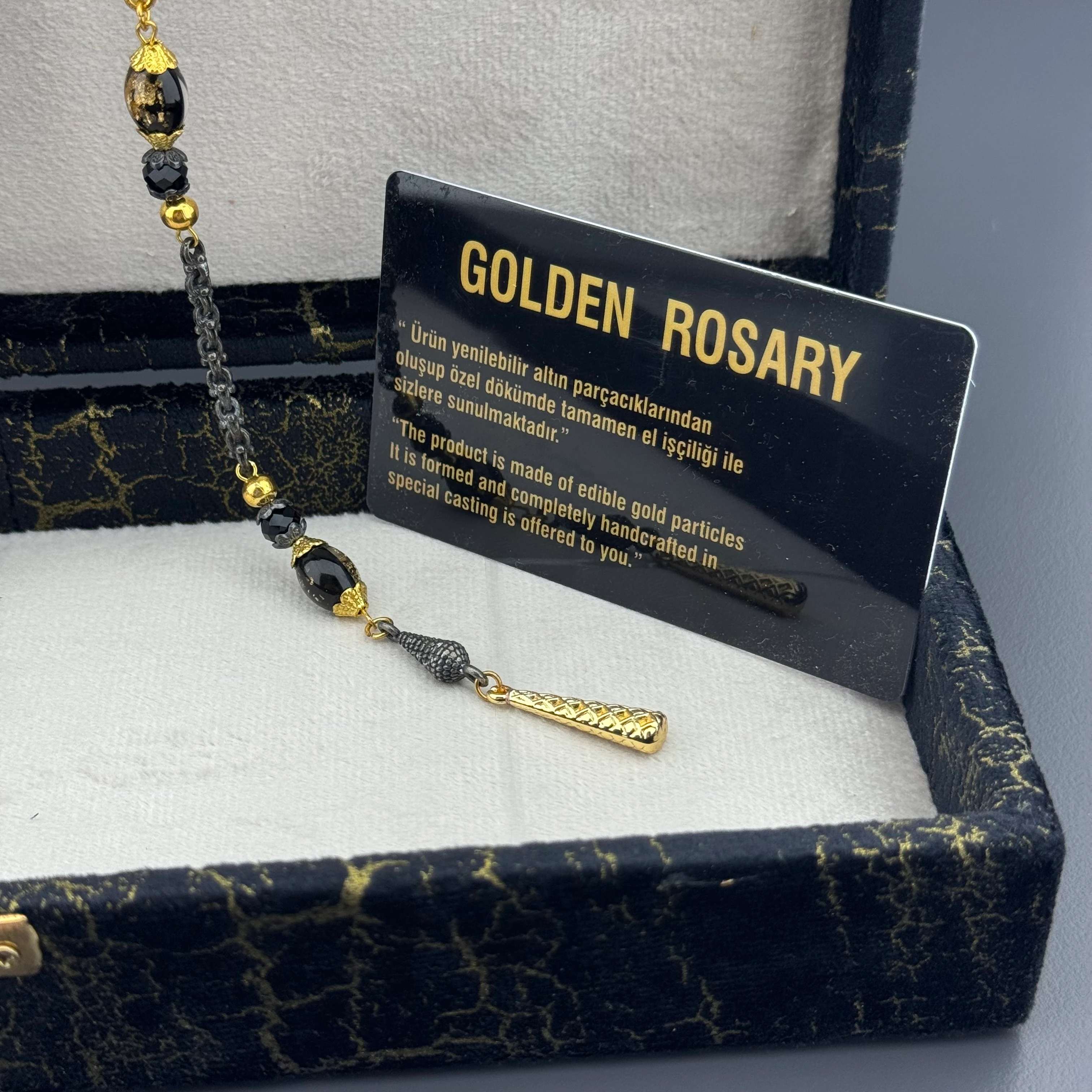 Özel Aynalı Kutusunda Sertifikalı Arpa Kesim Golden Rosary Tesbih