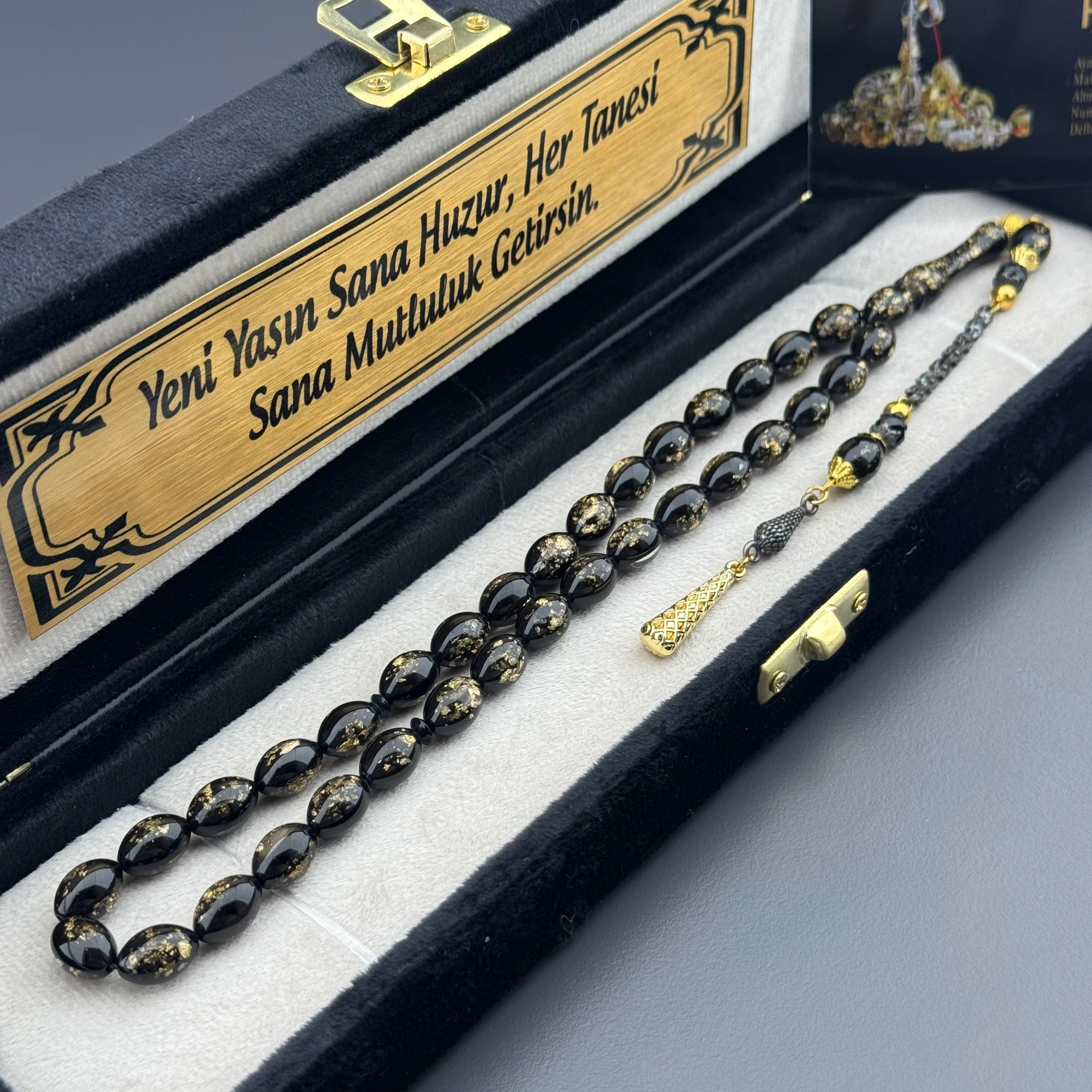 Özel Kadife Kutusunda Sertifikalı Arpa Kesim Golden Rosary Tesbih