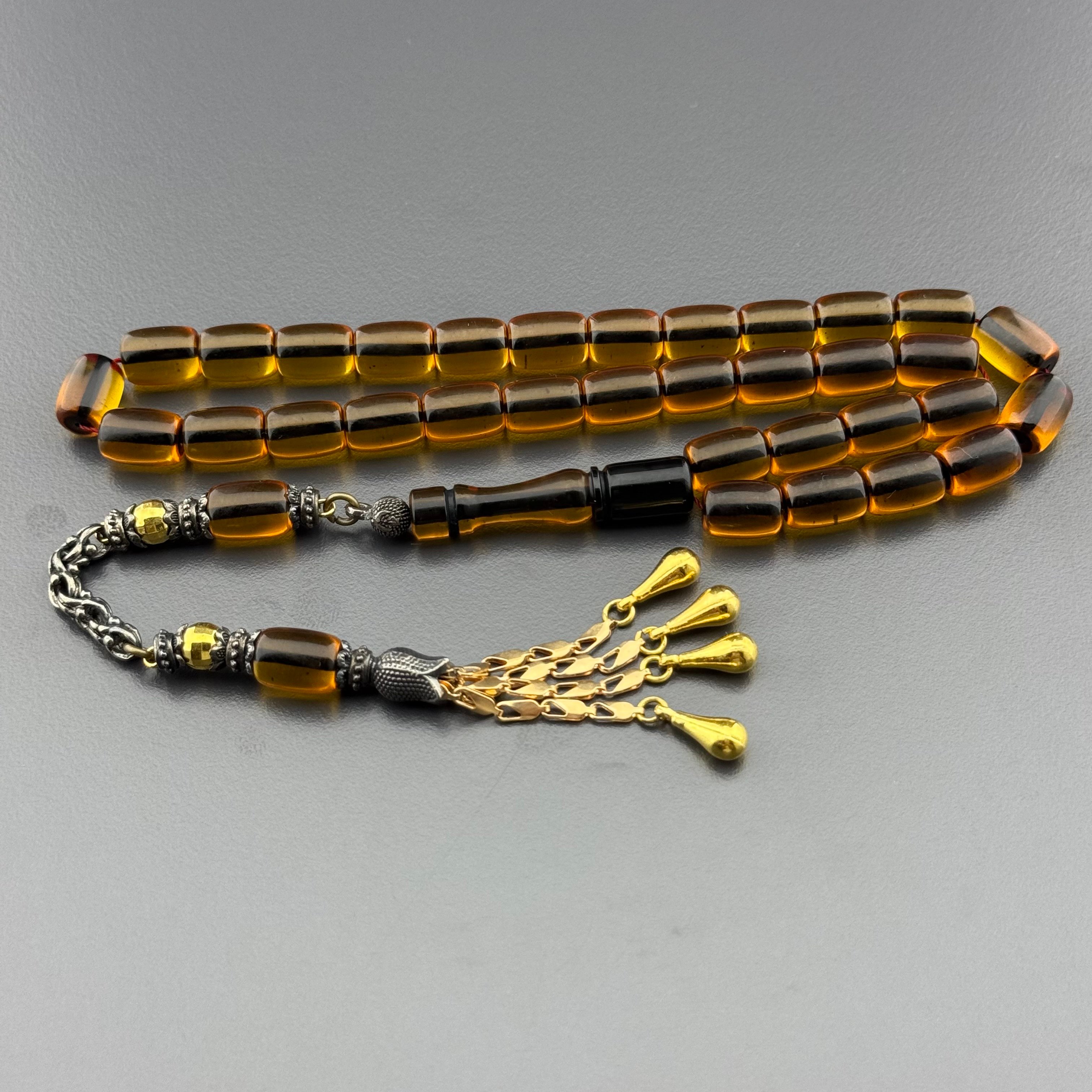 Özel Usta İşçilikli Amber Kapsül Model Gold Detaylı Alpaka Püsküllü Ateş Kehribar Tespih