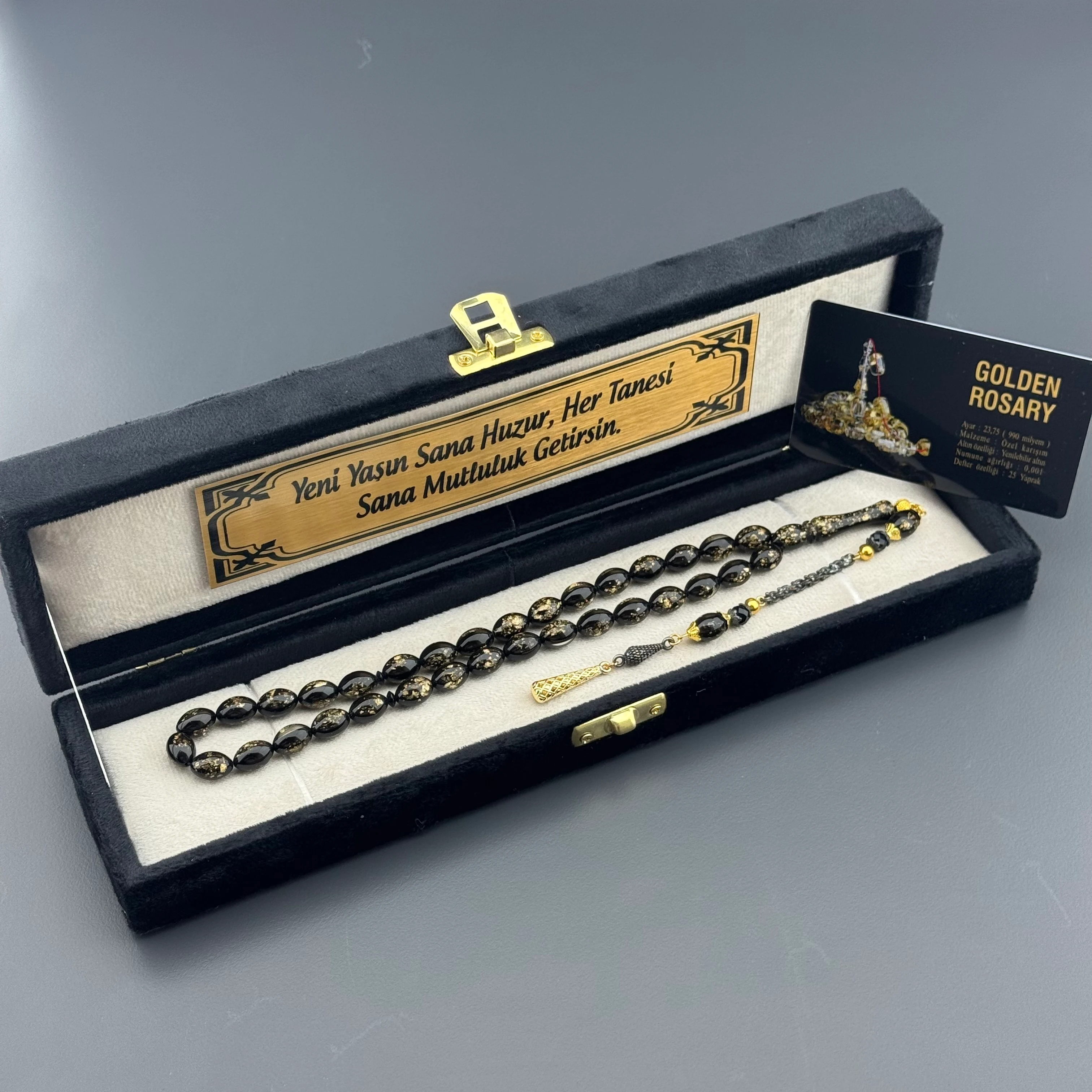 Özel Kadife Kutusunda Sertifikalı Arpa Kesim Golden Rosary Tesbih