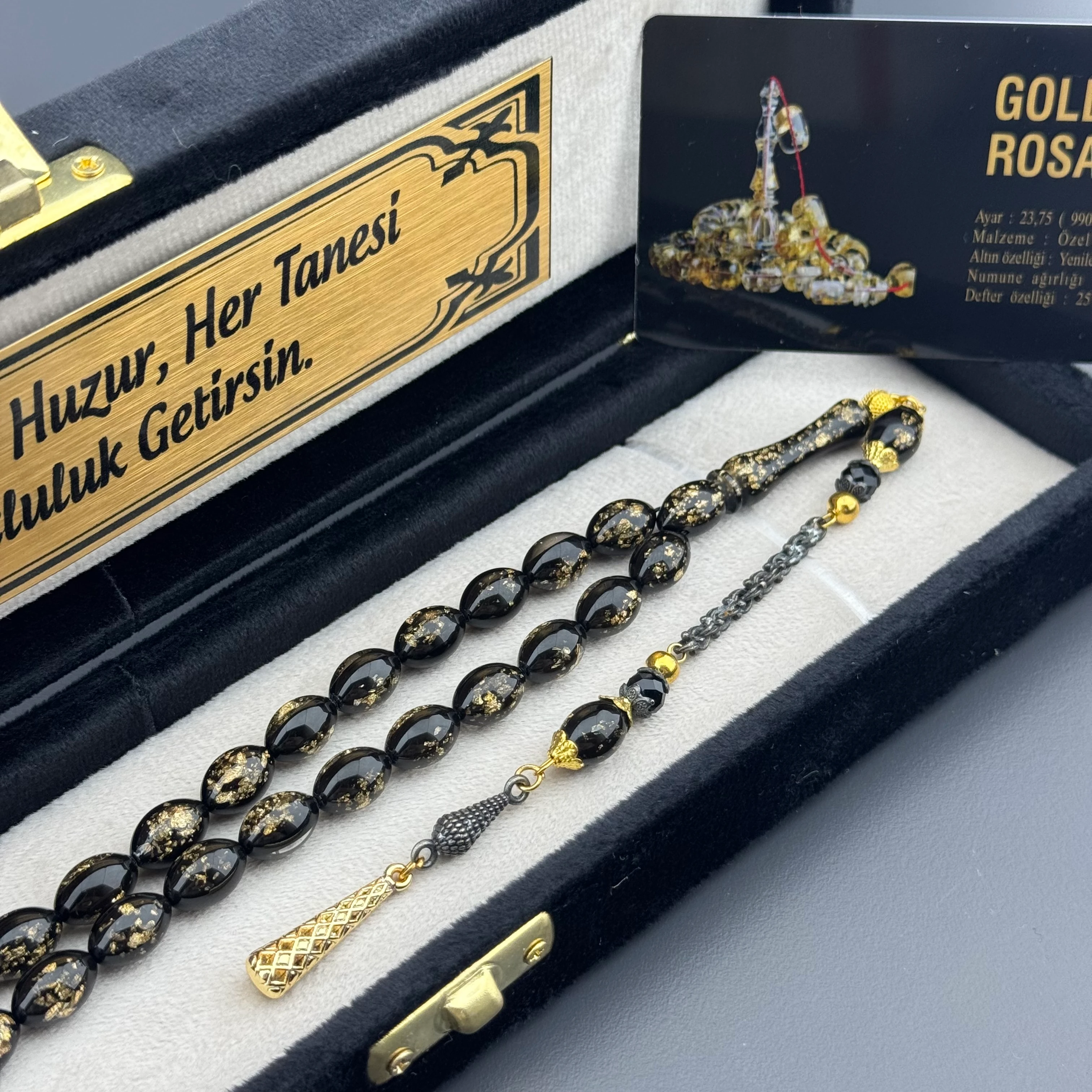 Özel Kadife Kutusunda Sertifikalı Arpa Kesim Golden Rosary Tesbih