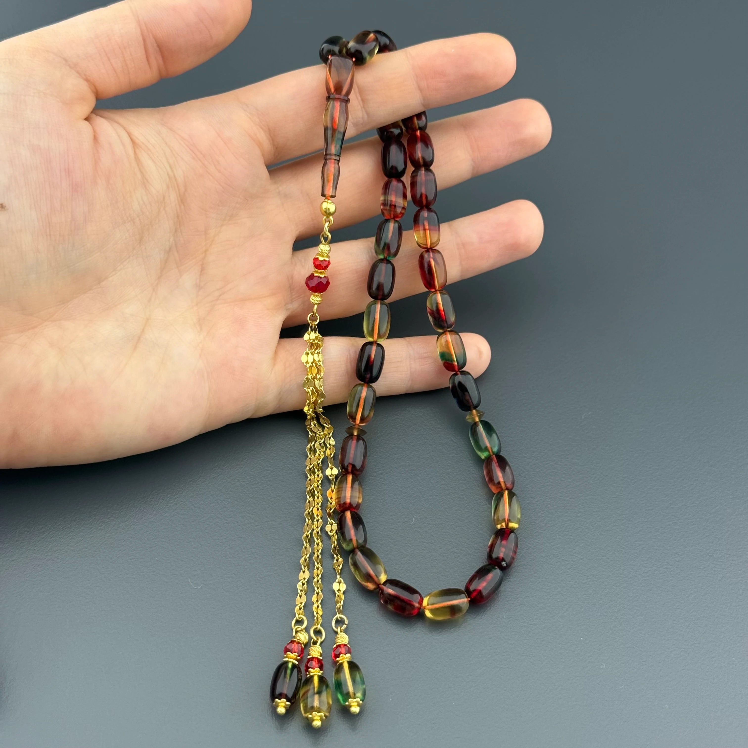 Özel Usta İşçilikli Karışık Ton Geçişli Kapsül Kesim 925 Ayar Gümüş Püsküllü Sıkma Kehribar Tesbih