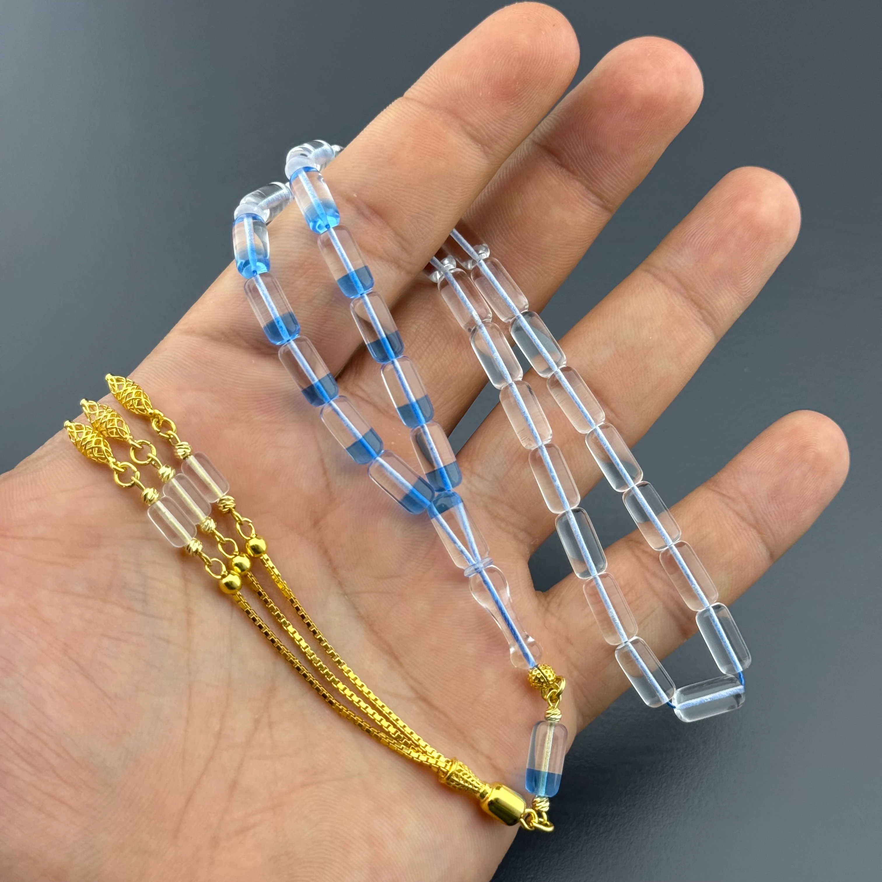 Suat YEŞİLYURT Usta İşçilikli Mavi Şeffaf Kapsül Kesim Altın Kaplama Gümüş Püsküllü Alman Bakalit Tesbih