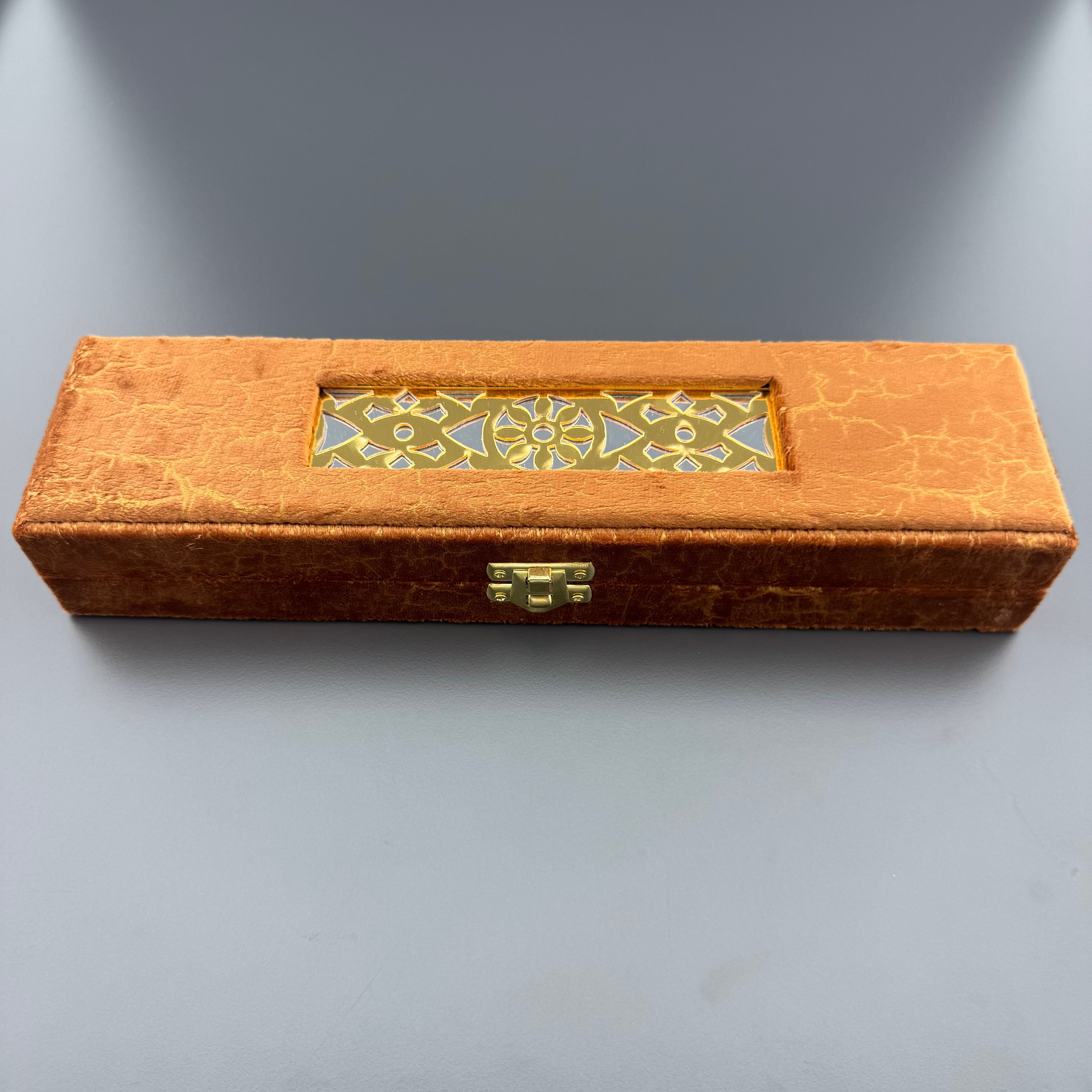 Gold Damar Desenli Üzeri Aynalı Turuncu Kadife Tespih Kutusu
