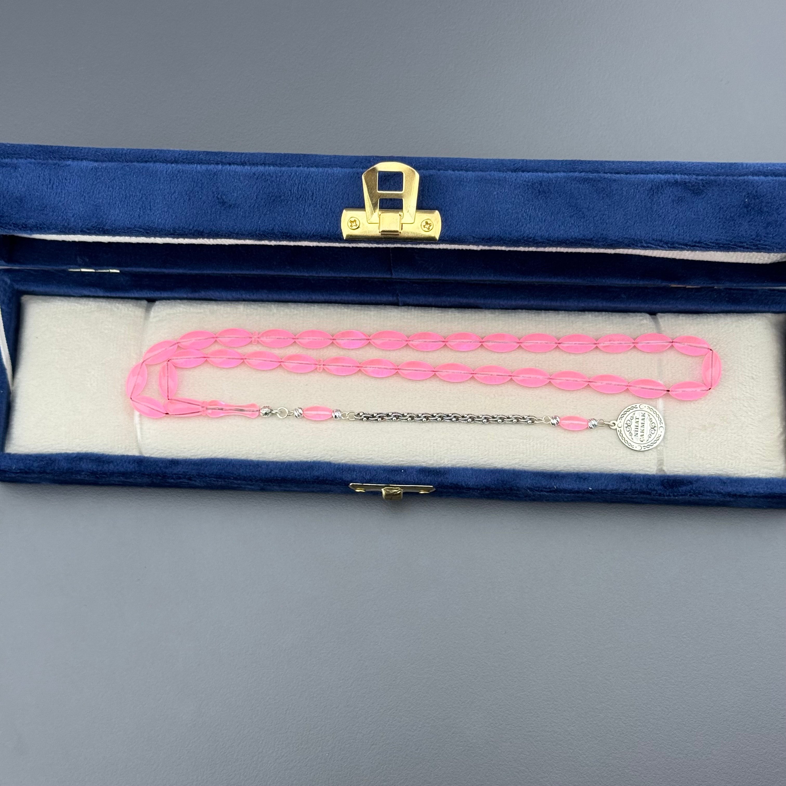 Özel Sipariş Size Özel İsim Yazılı Tasarım Arpa Kesim Pembe Renk Alman Bakalit Tespih