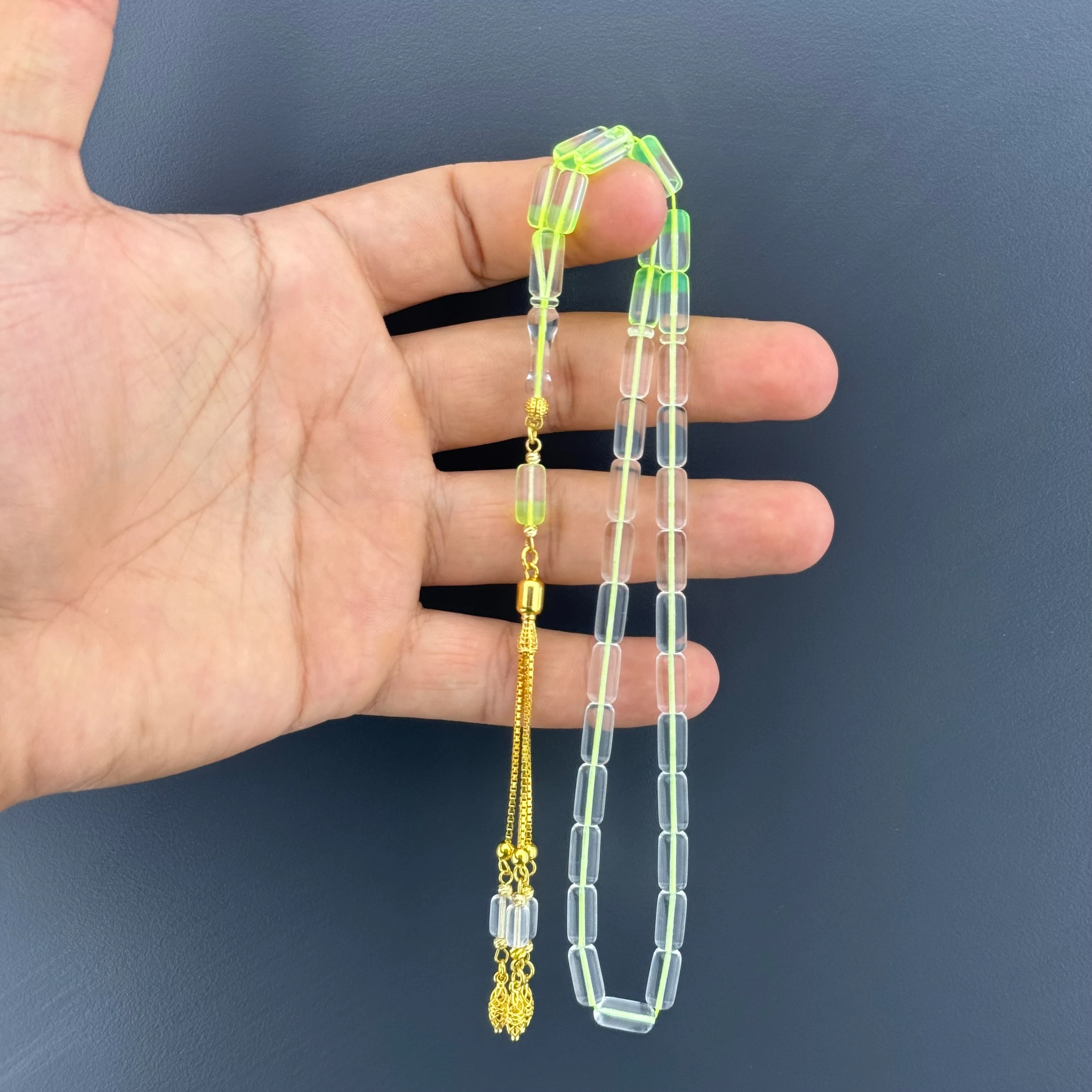 Suat YEŞİLYURT Usta İşçilikli Neon Yeşil Şeffaf Kapsül Kesim Altın Kaplama Gümüş Püsküllü Alman Bakalit Tesbih