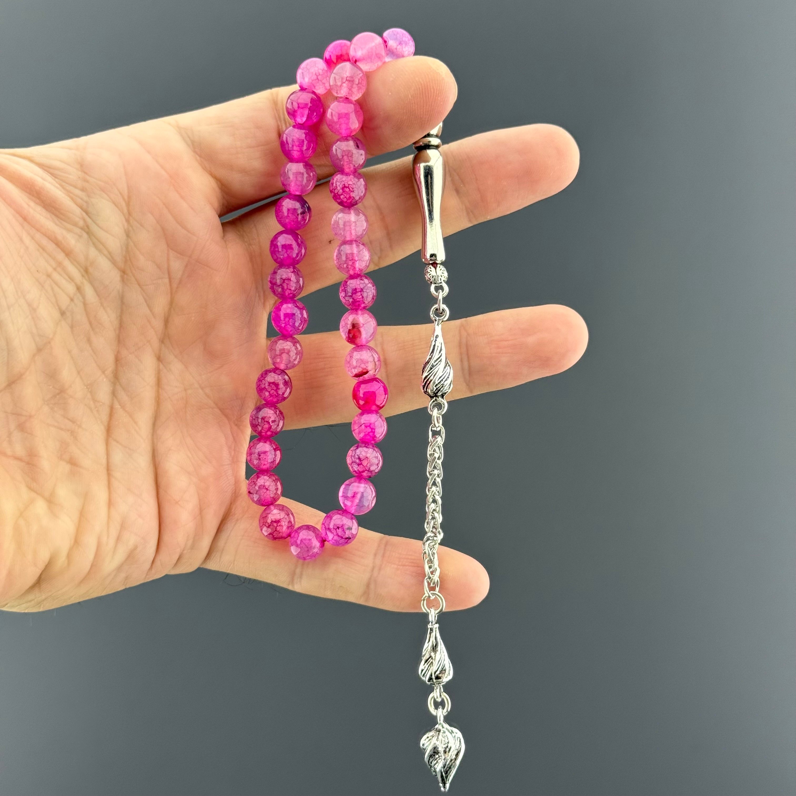Alpaka Püsküllü Küre Kesim Pembe Akik Doğal Taş Tespih