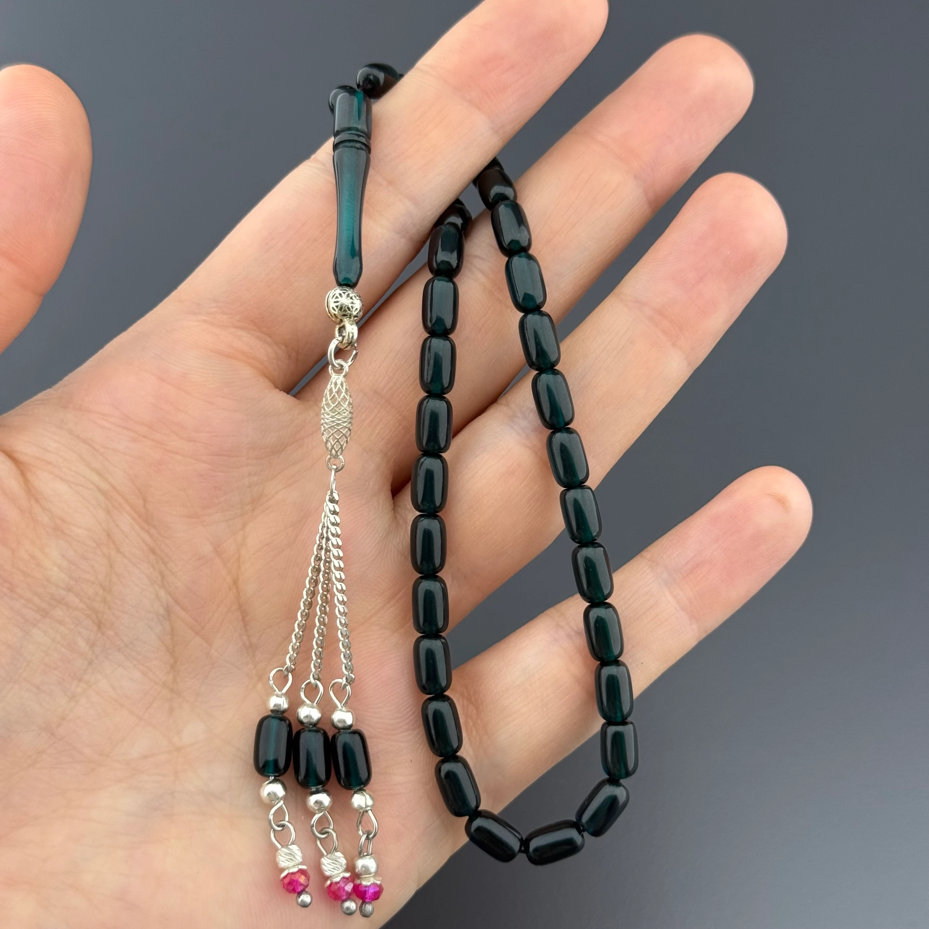 Özel Usta İşçilikli Bilek Boy Koyu Petrol Yeşili Gümüş Püsküllü Ateş Kehribar Tesbih