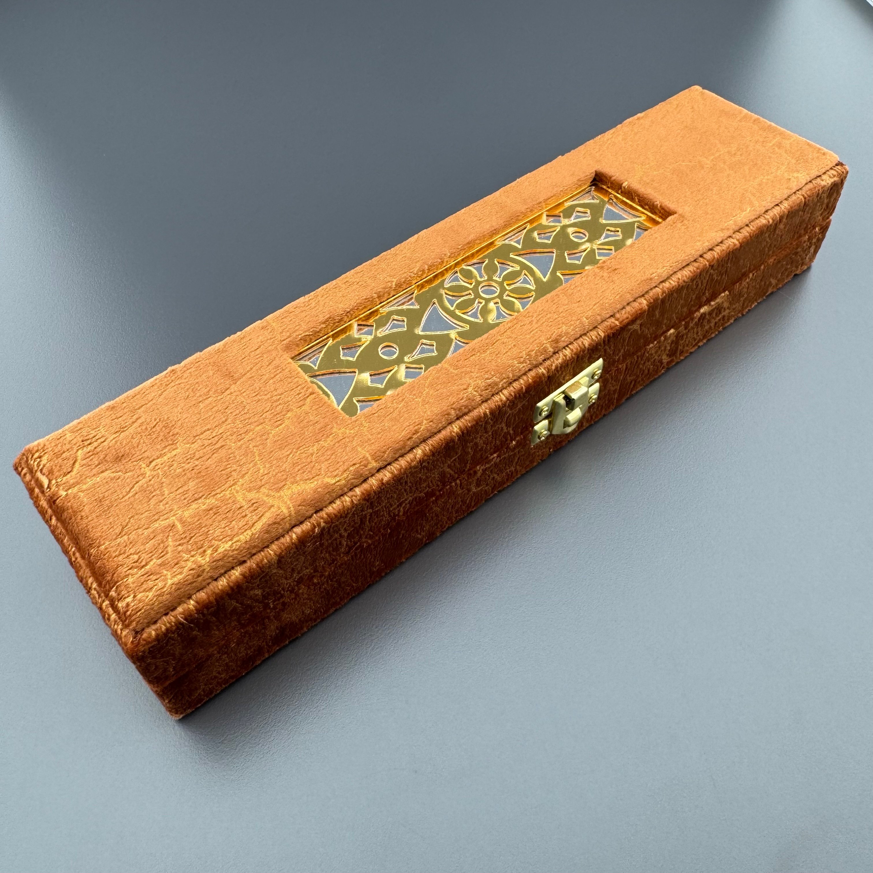 Gold Damar Desenli Üzeri Aynalı Turuncu Kadife Tespih Kutusu