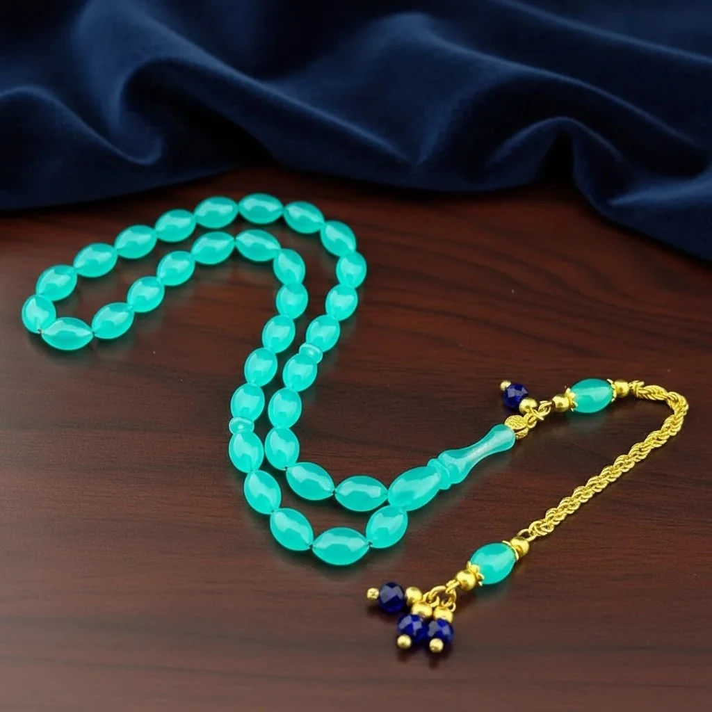 Suat Yeşilyurt Usta Bilek Boy Mavi Boncuk Detaylı Turkuaz Gümüş Püsküllü Alman Bakalit Tesbih