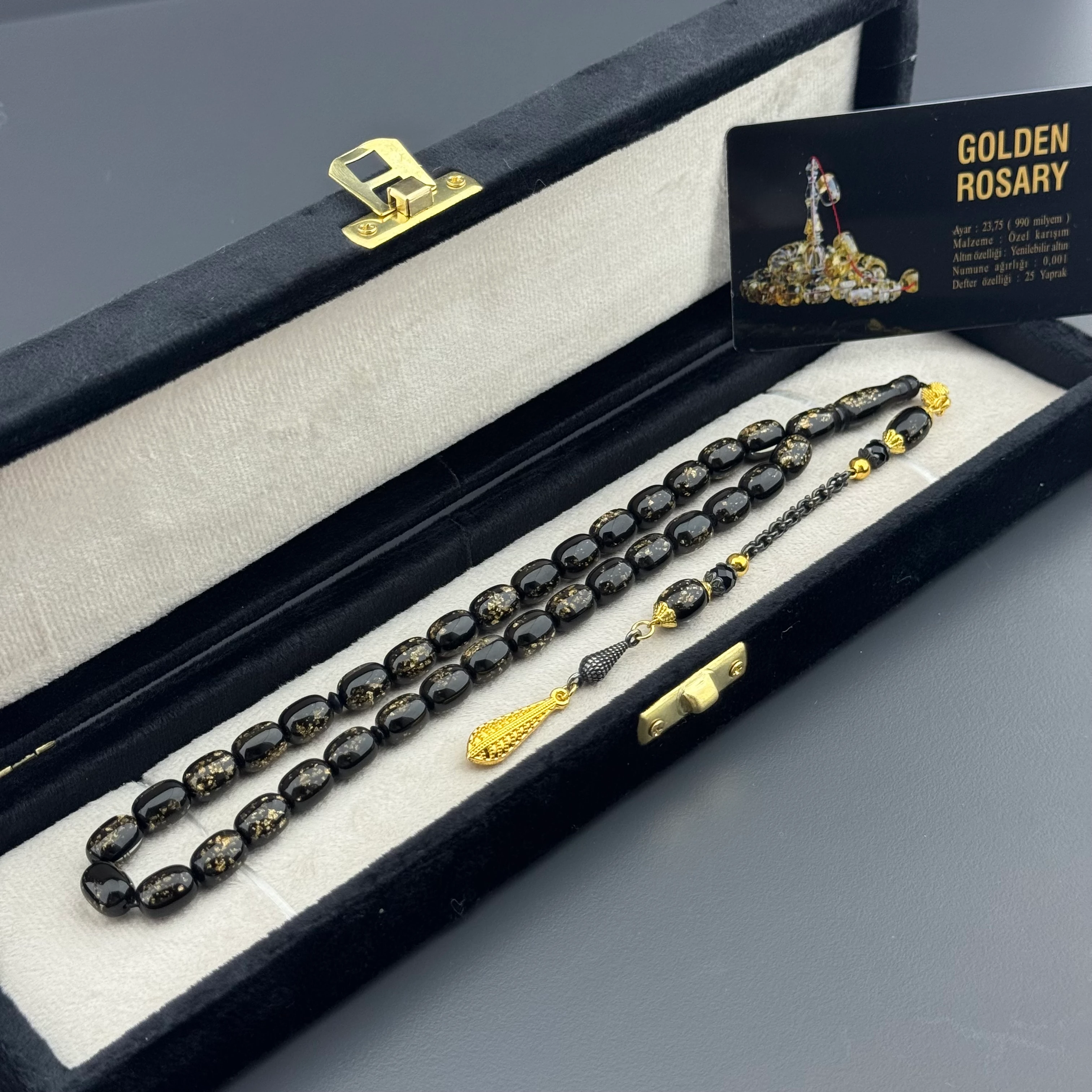 Özel Kutusunda Sertifikalı Kapsül Kesim Golden Rosary Tesbih