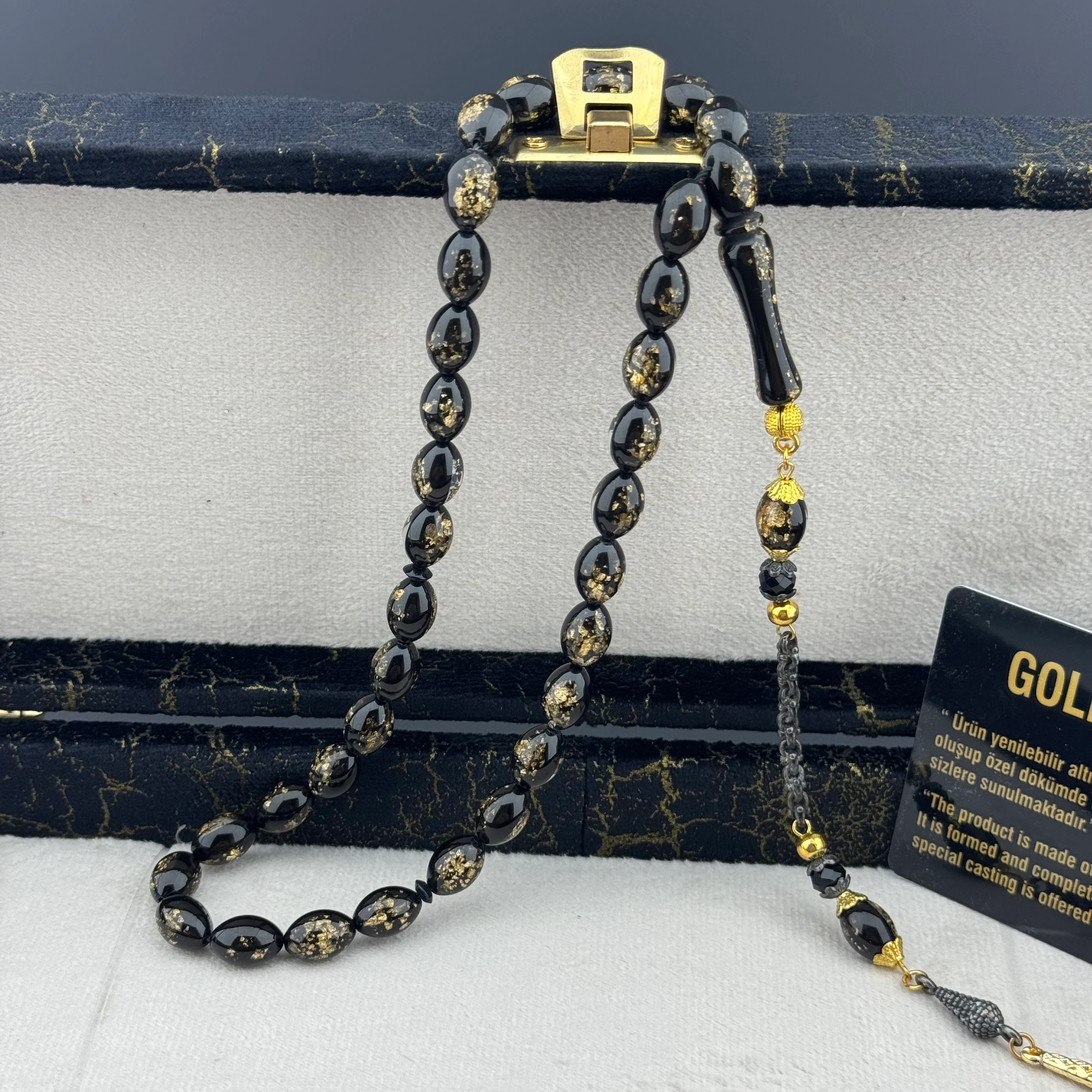 Özel Aynalı Kutusunda Sertifikalı Arpa Kesim Golden Rosary Tesbih