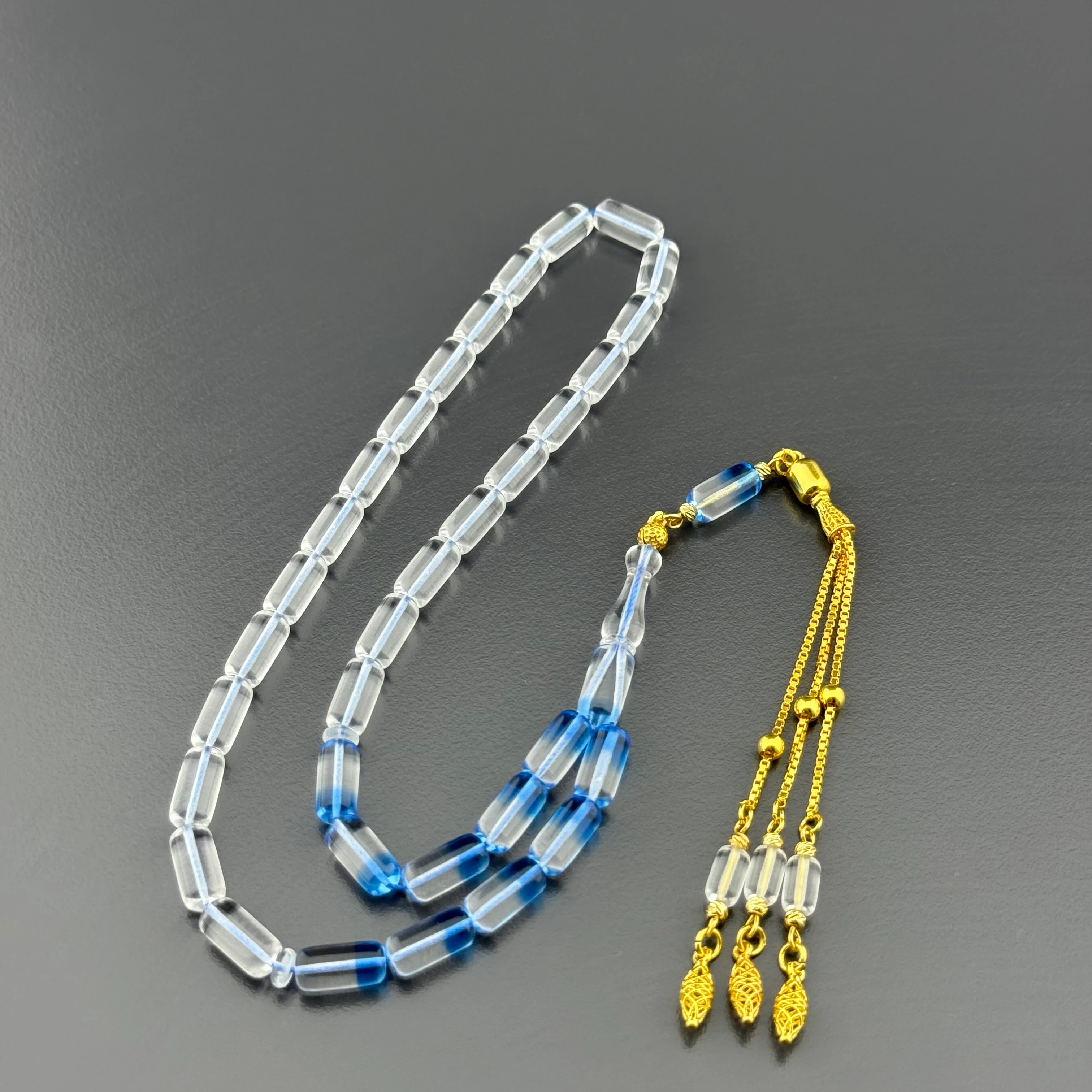 Suat YEŞİLYURT Usta İşçilikli Mavi Şeffaf Kapsül Kesim Altın Kaplama Gümüş Püsküllü Alman Bakalit Tesbih