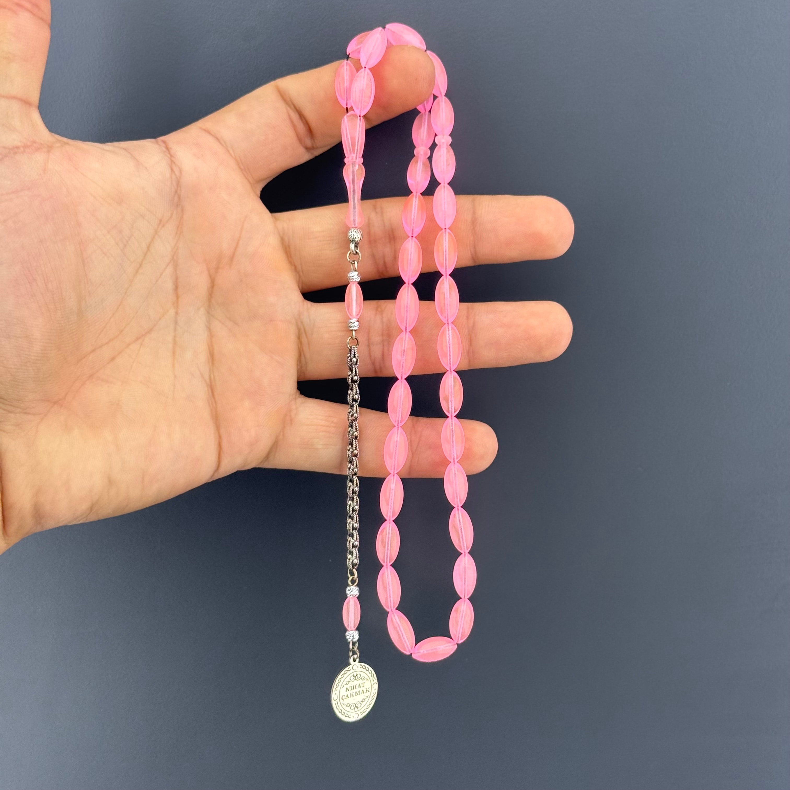 Özel Sipariş Size Özel İsim Yazılı Tasarım Arpa Kesim Pembe Renk Alman Bakalit Tesbih