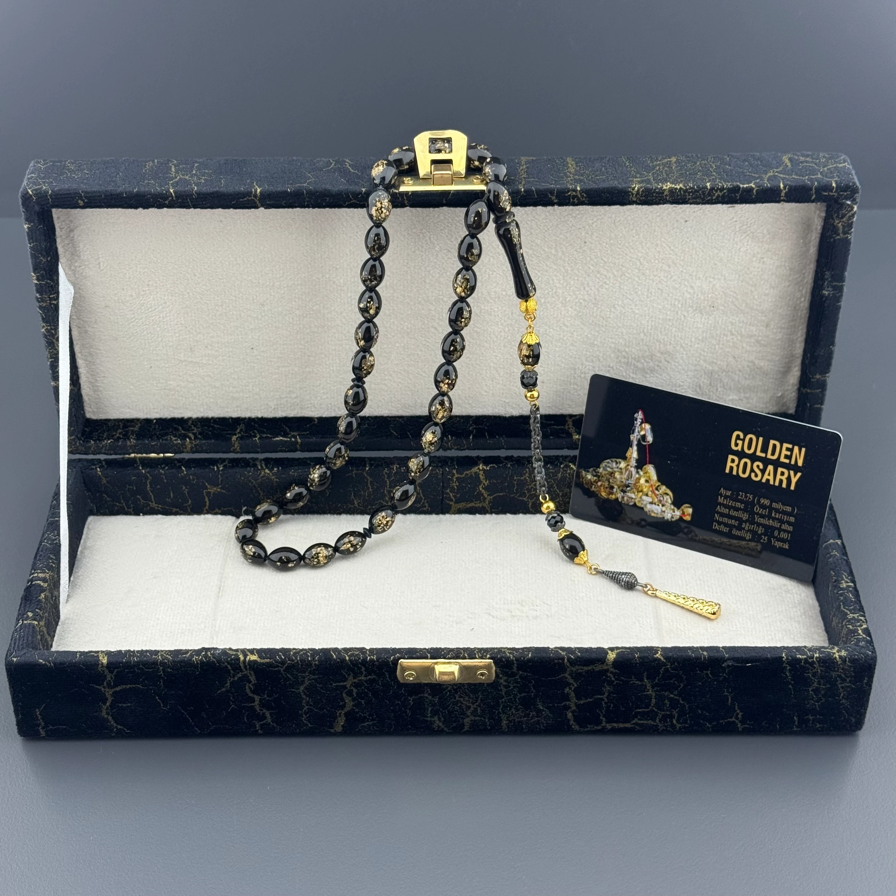 Özel Aynalı Kutusunda Sertifikalı Arpa Kesim Golden Rosary Tesbih