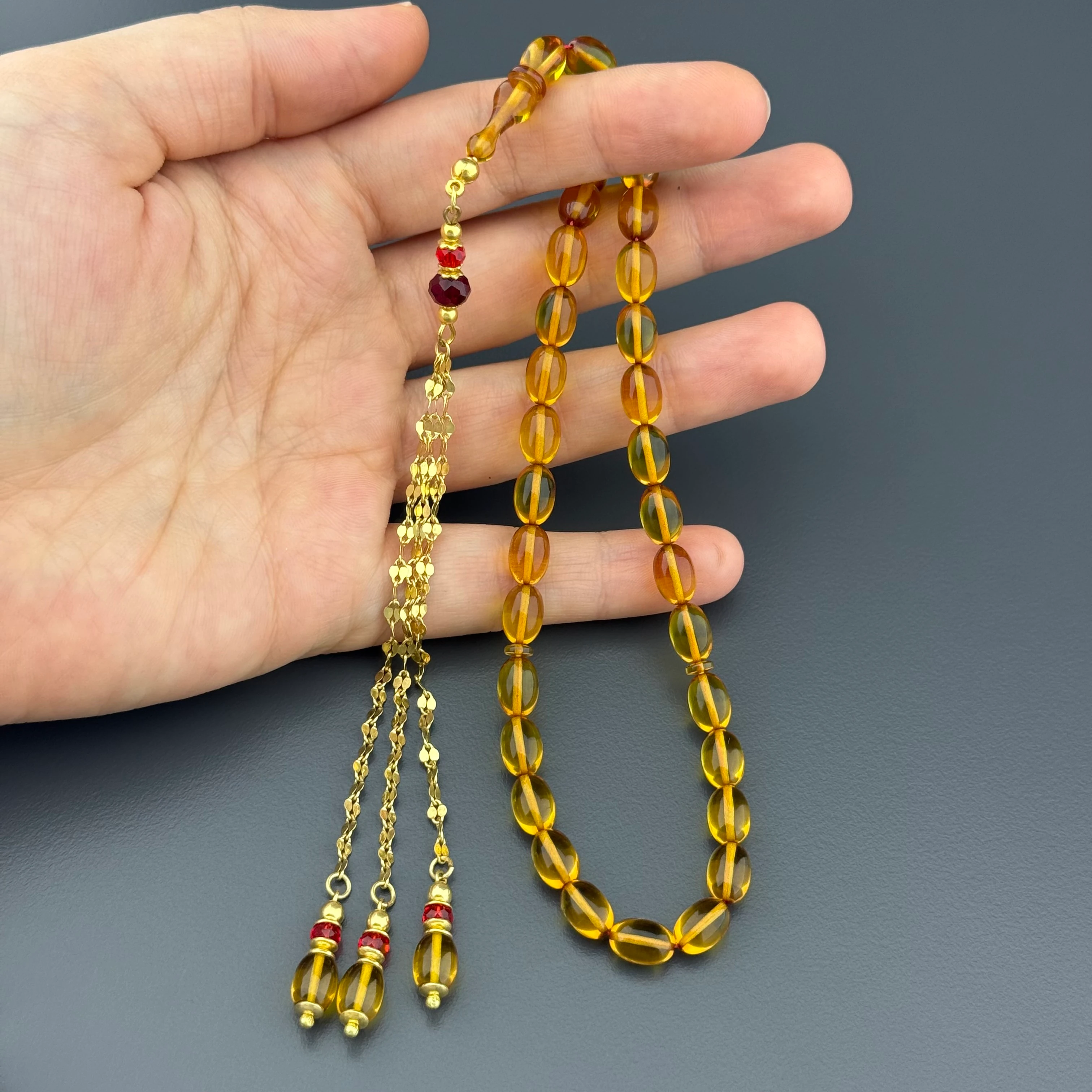 Özel Usta İşçilikli Sarı Beyzi Kesim 925 Ayar Gümüş Püsküllü Ateş Kehribar Tesbih