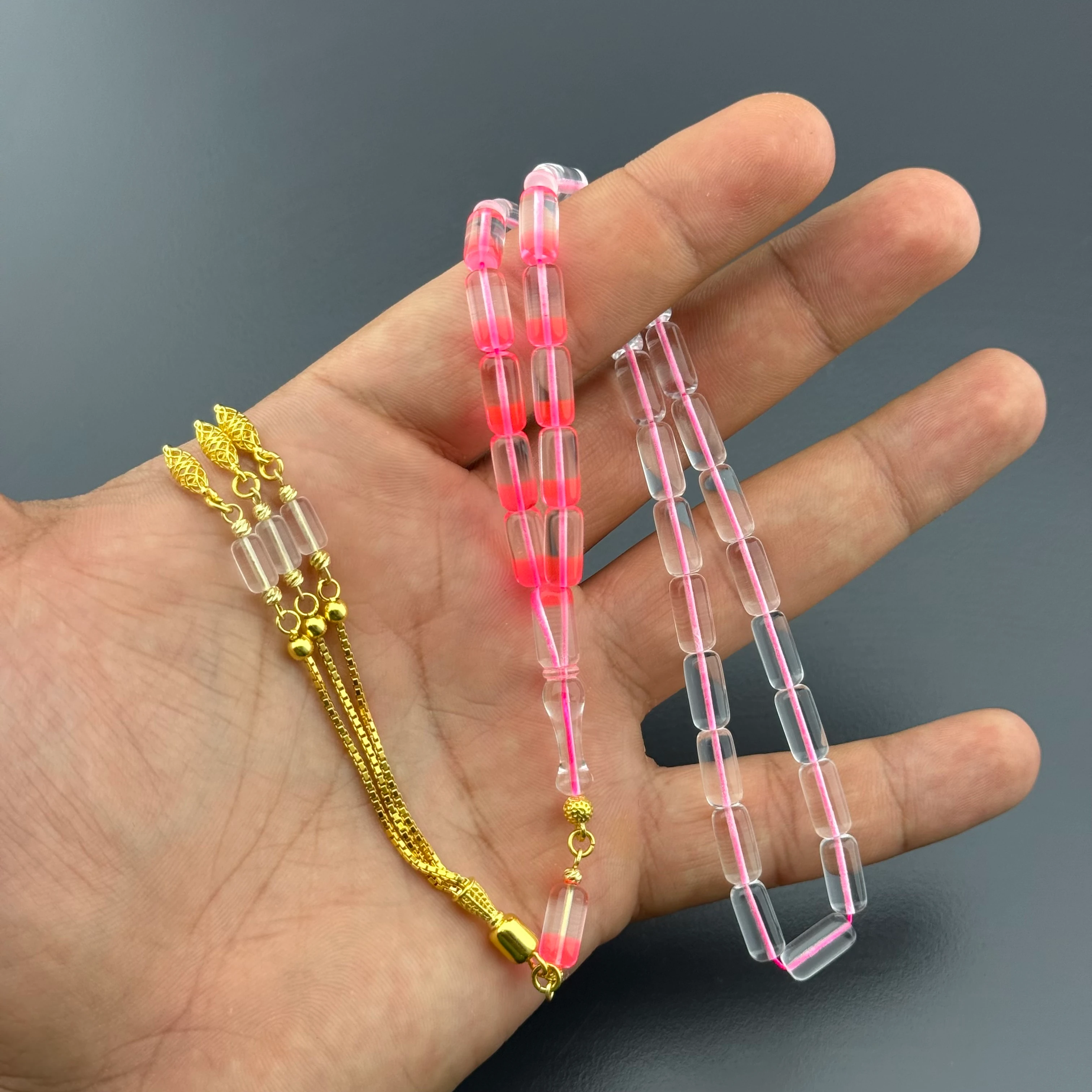 Suat YEŞİLYURT Usta İşçilikli Pembe Şeffaf Kapsül Kesim Altın Kaplama Gümüş Püsküllü Alman Bakalit Tesbih