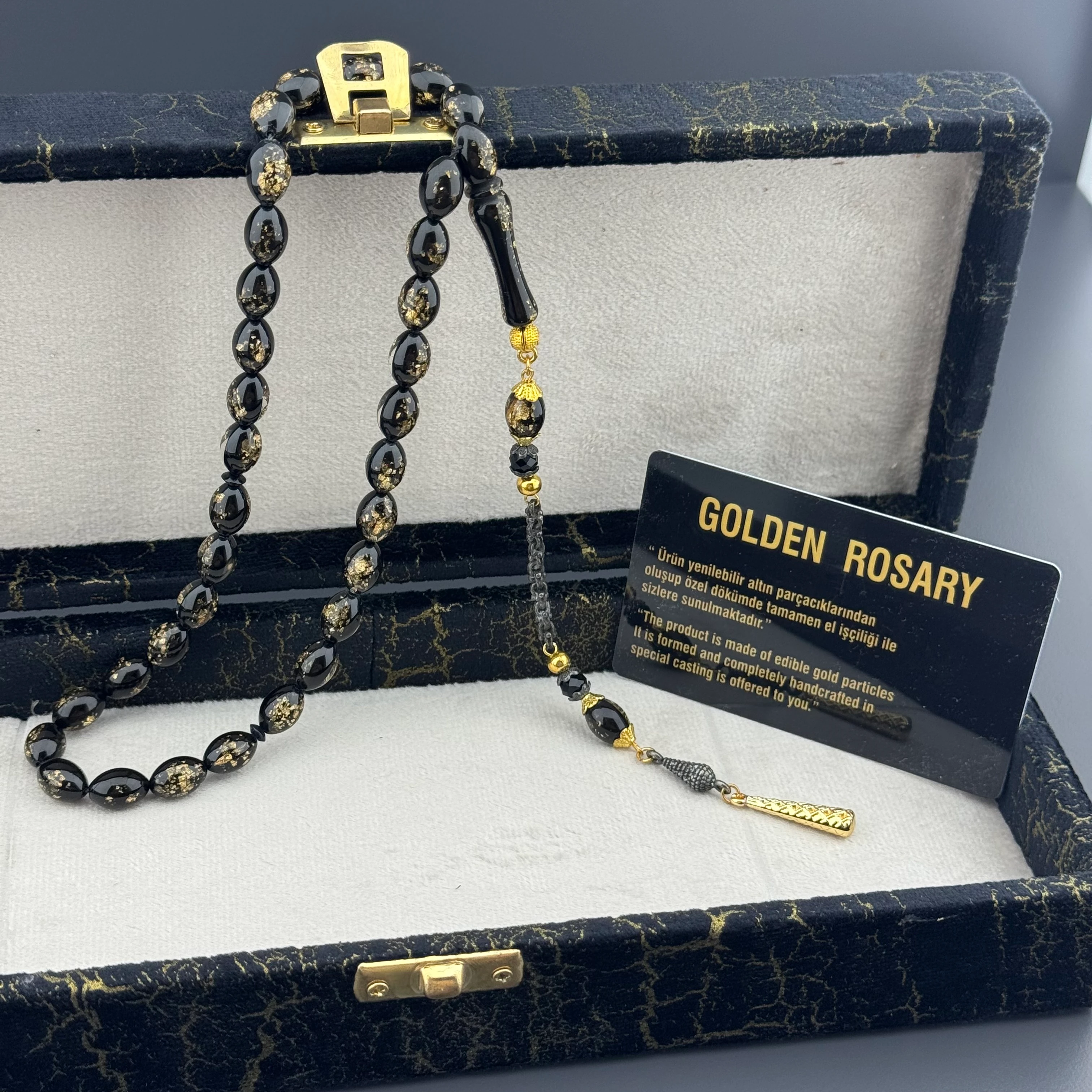 Özel Aynalı Kutusunda Sertifikalı Arpa Kesim Golden Rosary Tesbih