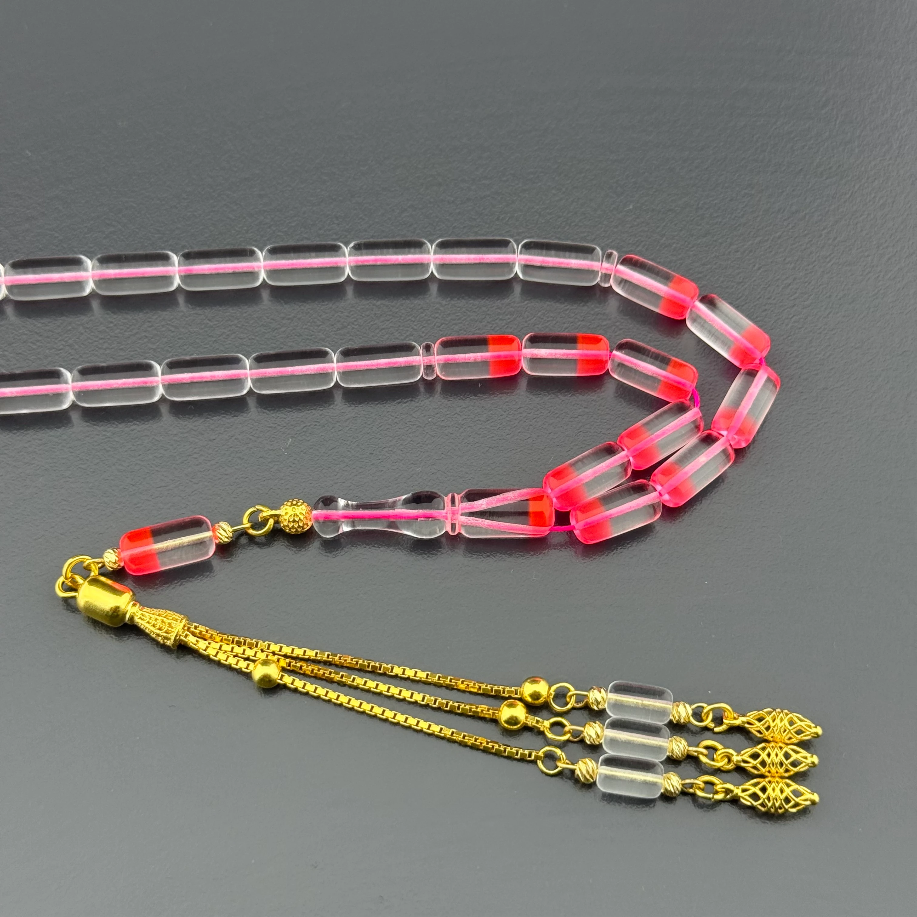 Suat YEŞİLYURT Usta İşçilikli Pembe Şeffaf Kapsül Kesim Altın Kaplama Gümüş Püsküllü Alman Bakalit Tesbih