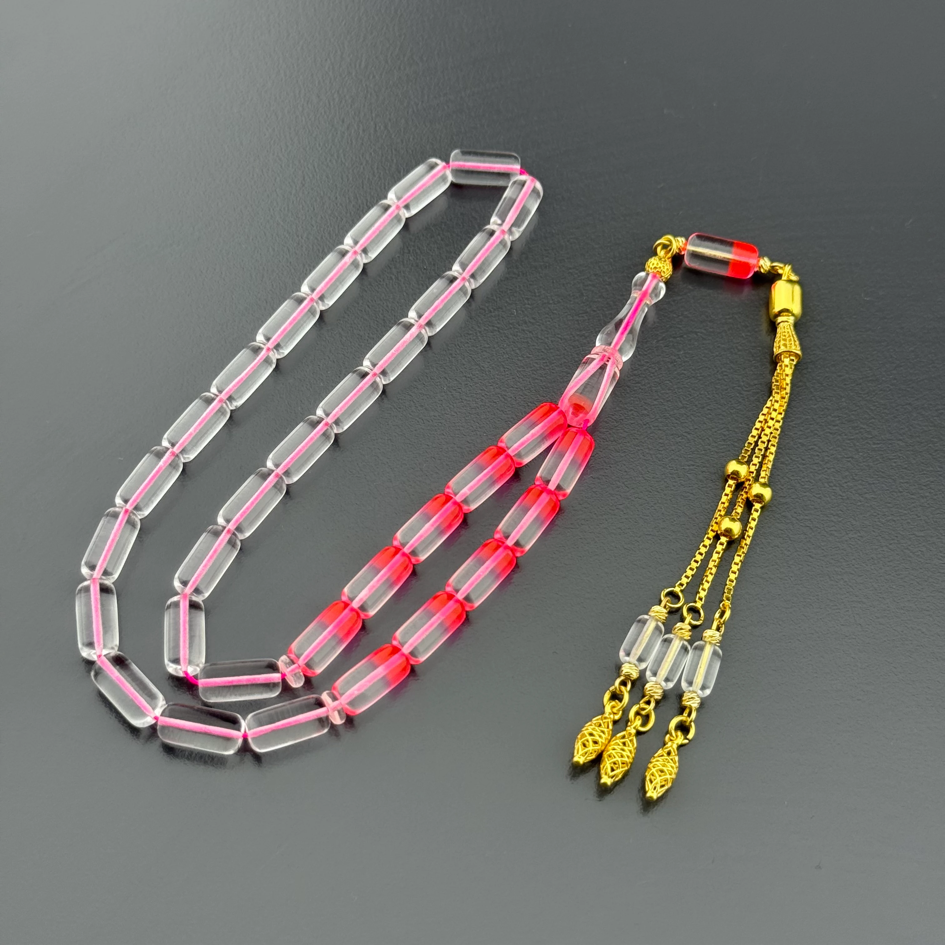 Suat YEŞİLYURT Usta İşçilikli Pembe Şeffaf Kapsül Kesim Altın Kaplama Gümüş Püsküllü Alman Bakalit Tesbih