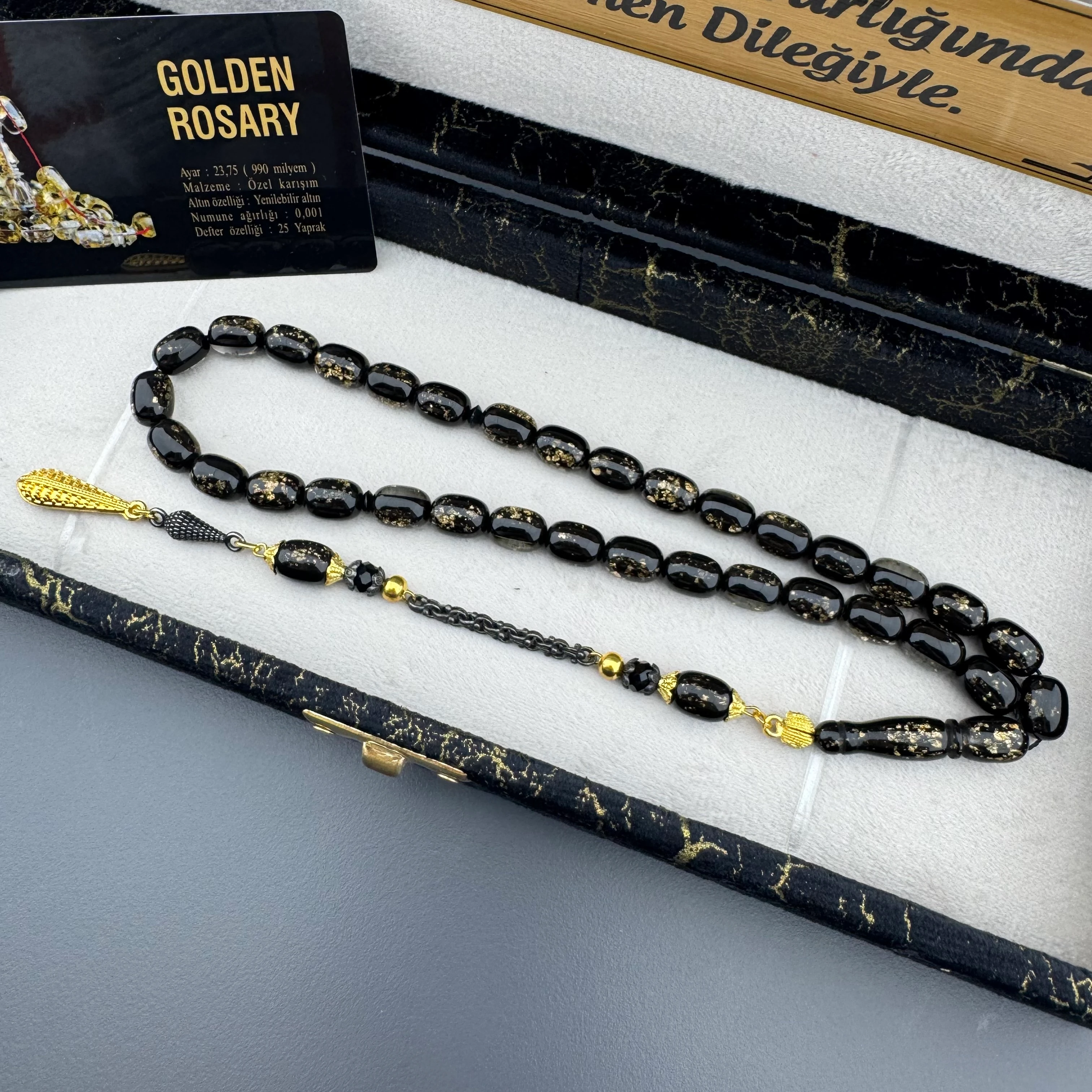Özel Aynalı Kutusunda Sertifikalı Kapsül Kesim Golden Rosary Tesbih