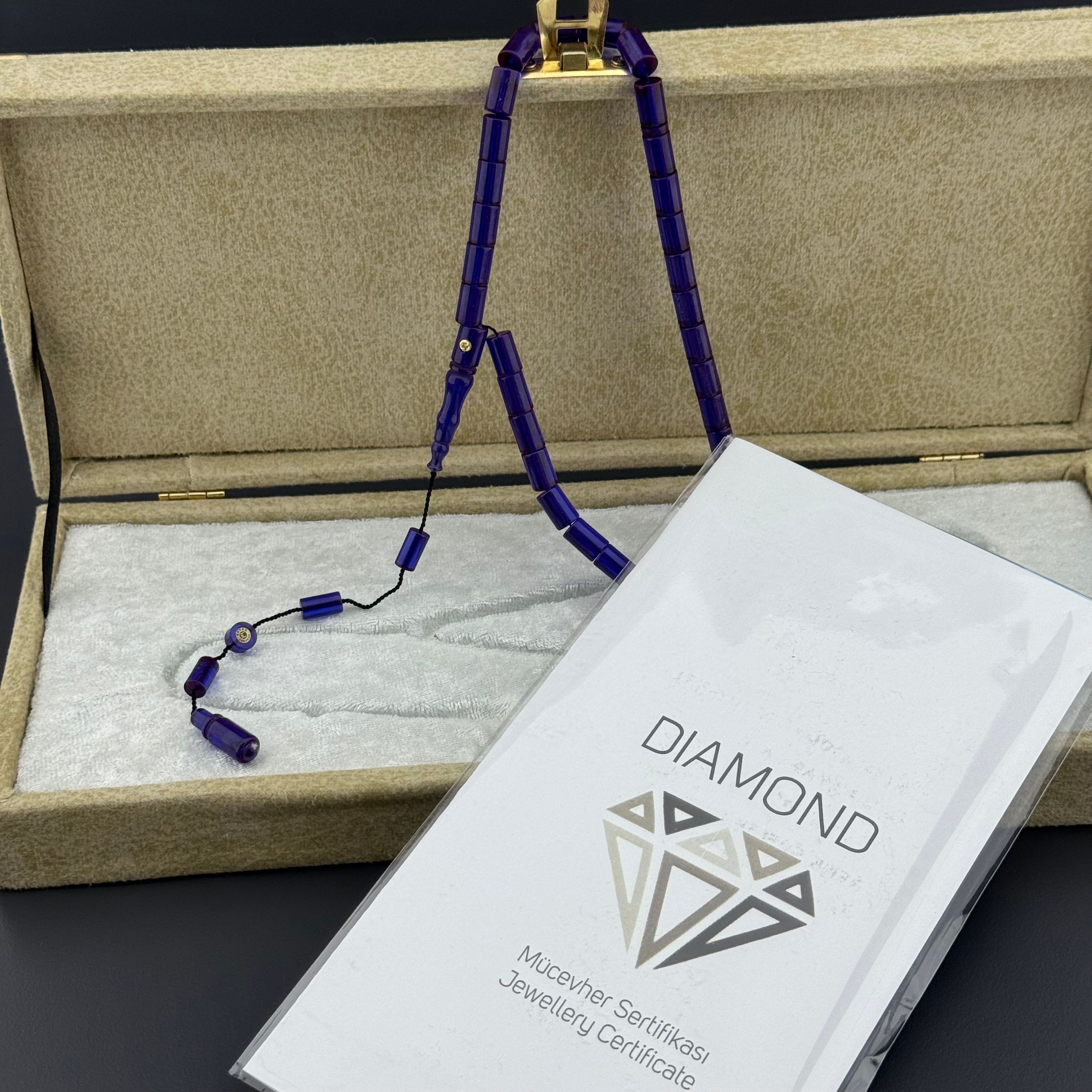 Erkan Çubukçu Usta İşçilikli Özel Diamond Serisi Sertifikalı Koleksiyonluk Pırlanta İmameli Lacivert Ateş Kehribar Tesbih